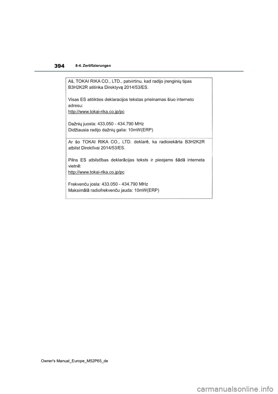 TOYOTA GR YARIS 2022 Betriebsanleitungen (in German) 394
Owner's Manual_Europe_M52P65_de
8-4. Zertifizierungen TOYOTA GR YARIS 2022 Betriebsanleitungen (in German) 394
Owner's Manual_Europe_M52P65_de
8-4. Zertifizierungen