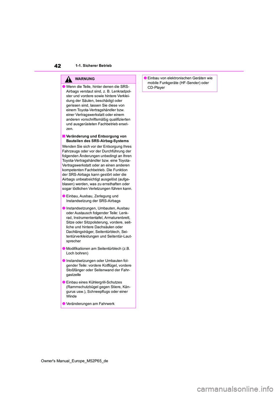 TOYOTA GR YARIS 2023 Betriebsanleitungen (in German) 42
Owner's Manual_Europe_M52P65_de
1-1. Sicherer Betrieb
WARNUNG
●Wenn die Teile, hinter denen die SRS-
Airbags verstaut sind, z. B. Lenkradpol- ster und vordere sowie hintere Verklei-dung der TOYOTA GR YARIS 2023 Betriebsanleitungen (in German) 42
Owner's Manual_Europe_M52P65_de
1-1. Sicherer Betrieb
WARNUNG
●Wenn die Teile, hinter denen die SRS-
Airbags verstaut sind, z. B. Lenkradpol- ster und vordere sowie hintere Verklei-dung der