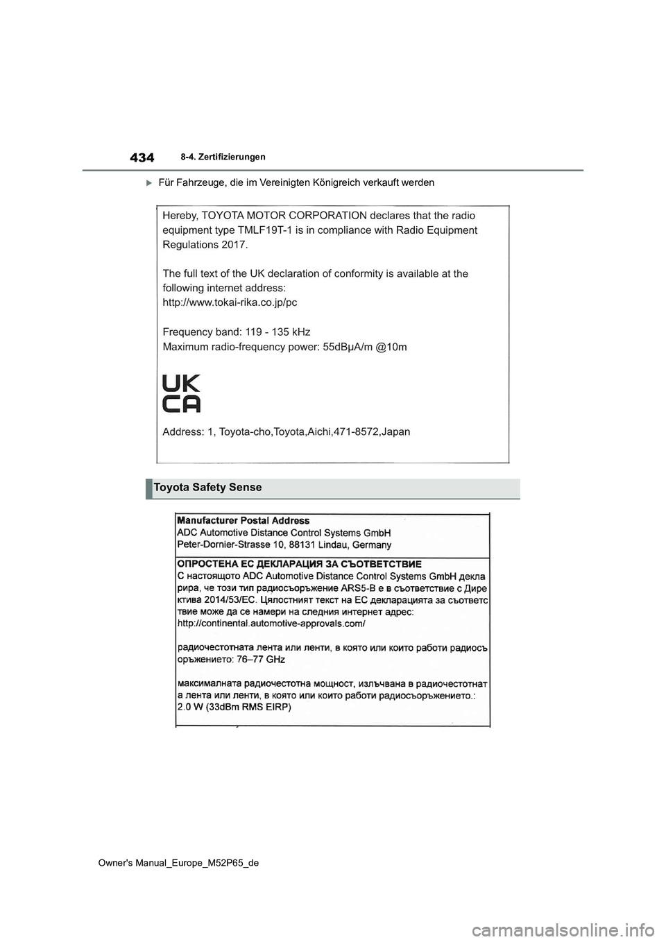 TOYOTA GR YARIS 2022  Betriebsanleitungen (in German) 434
Owner's Manual_Europe_M52P65_de
8-4. Zertifizierungen
Für Fahrzeuge, die im Vereinigten Königreich verkauft werden
Toyota Safety Sense 