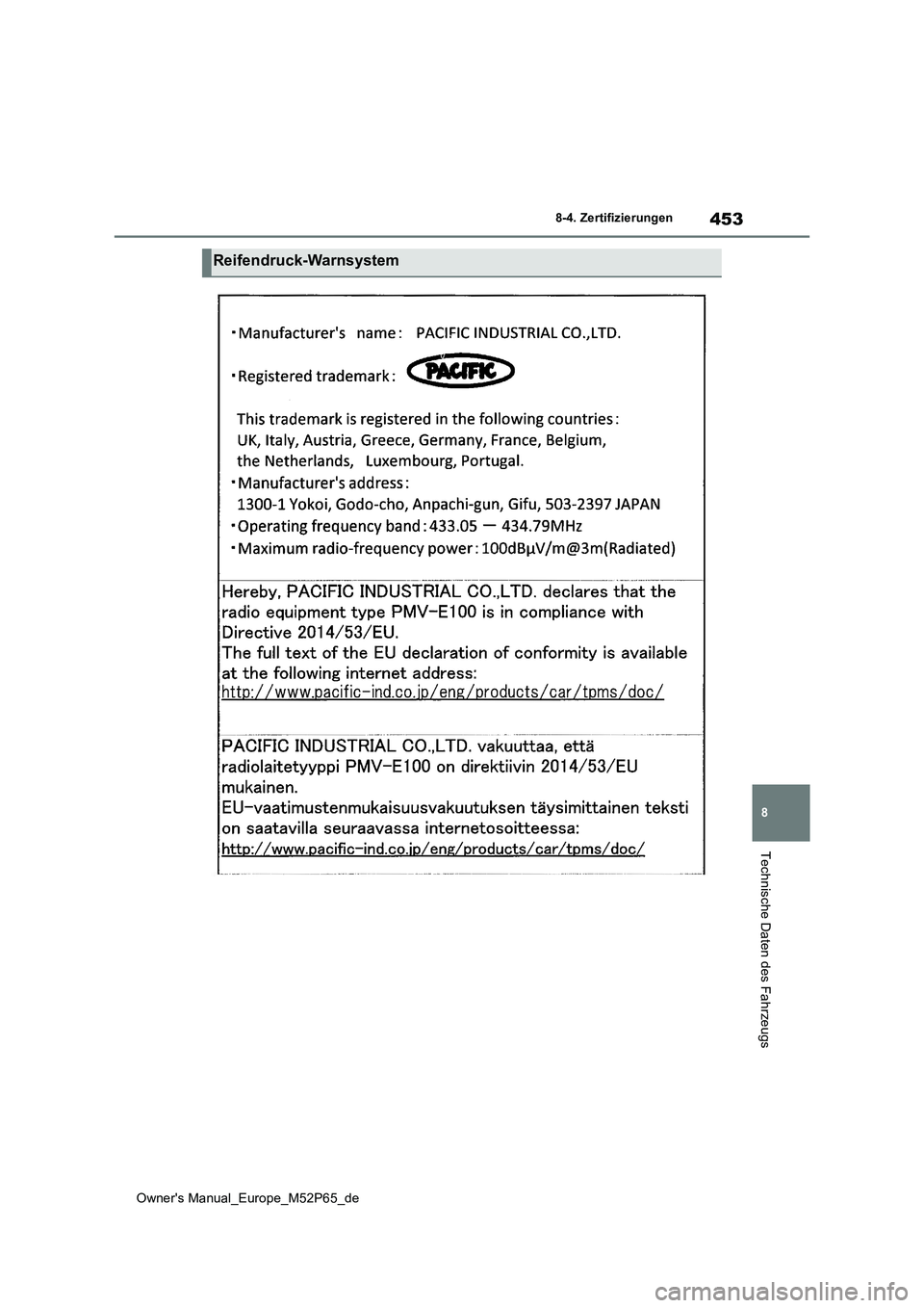 TOYOTA GR YARIS 2023 Betriebsanleitungen (in German) 453
8
Owner's Manual_Europe_M52P65_de
8-4. Zertifizierungen
Technische Daten des Fahrzeugs
Reifendruck-Warnsystem TOYOTA GR YARIS 2023 Betriebsanleitungen (in German) 453
8
Owner's Manual_Europe_M52P65_de
8-4. Zertifizierungen
Technische Daten des Fahrzeugs
Reifendruck-Warnsystem