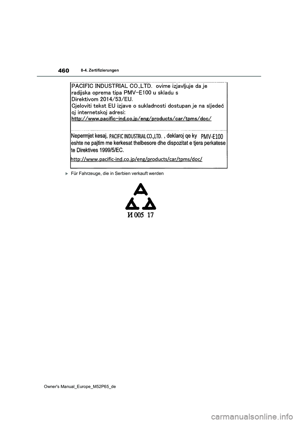 TOYOTA GR YARIS 2022  Betriebsanleitungen (in German) 460
Owner's Manual_Europe_M52P65_de
8-4. Zertifizierungen
Für Fahrzeuge, die in Serbien verkauft werden 