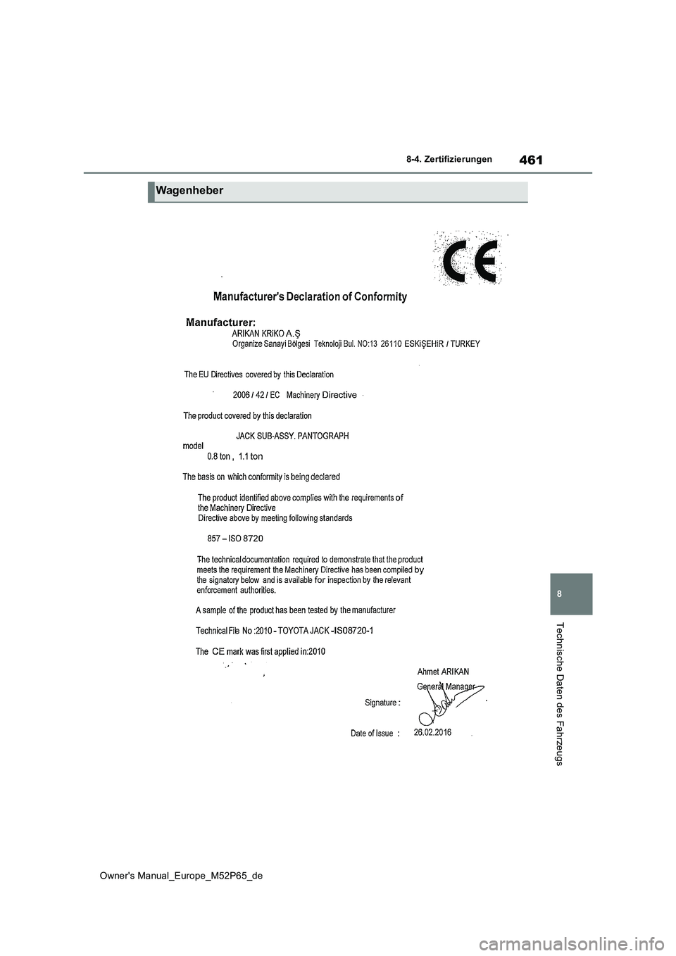TOYOTA GR YARIS 2022  Betriebsanleitungen (in German) 461
8
Owner's Manual_Europe_M52P65_de
8-4. Zertifizierungen
Technische Daten des Fahrzeugs
Wagenheber 