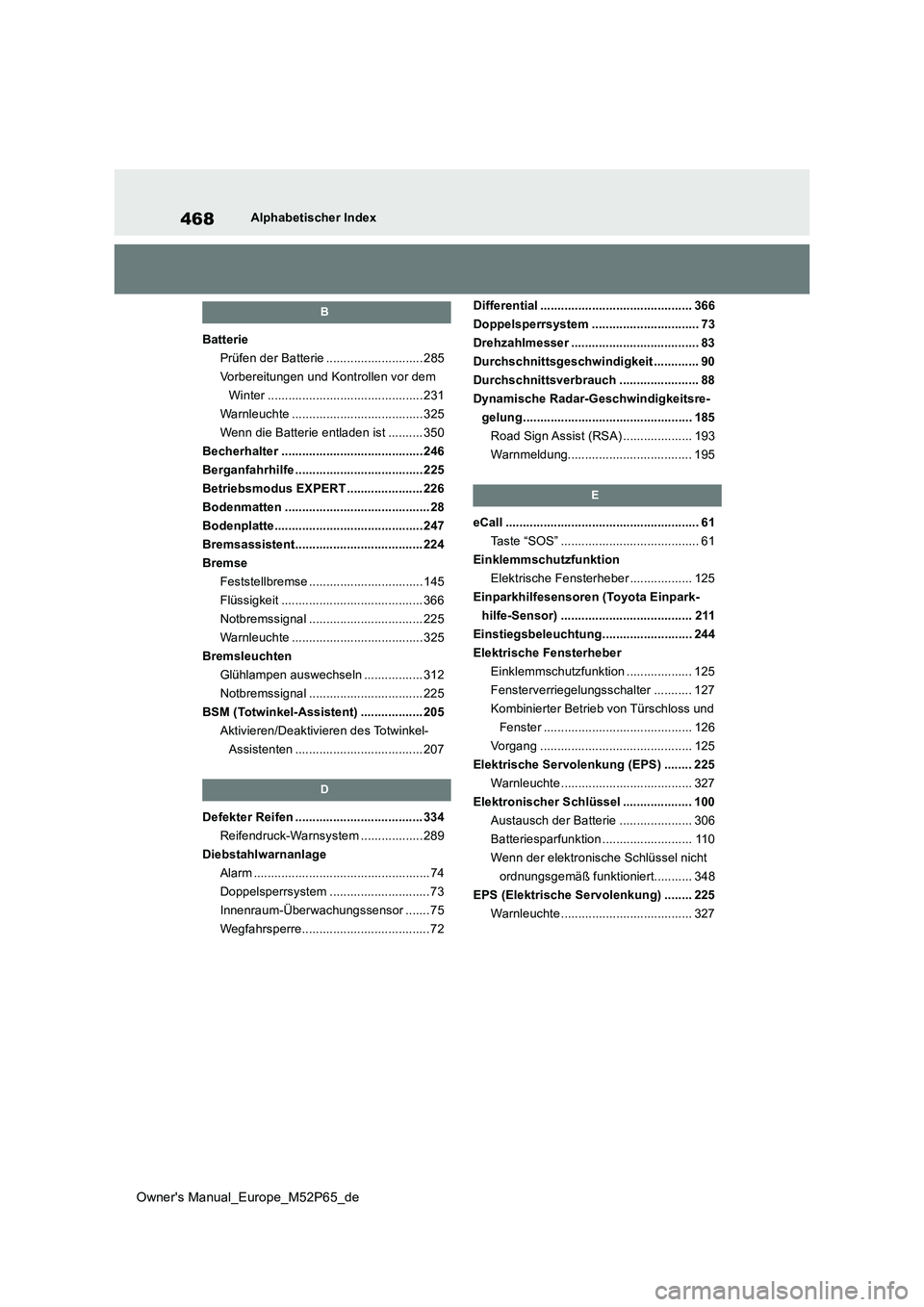 TOYOTA GR YARIS 2022  Betriebsanleitungen (in German) 468
Owner's Manual_Europe_M52P65_de
Alphabetischer Index
B
Batterie 
Prüfen der Batterie ............................ 285
Vorbereitungen und Kontrollen vor dem 
Winter ...........................