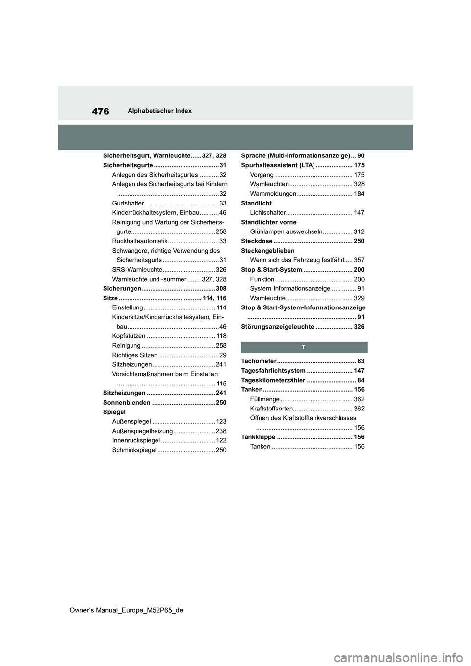 TOYOTA GR YARIS 2022 Betriebsanleitungen (in German) 476
Owner's Manual_Europe_M52P65_de
Alphabetischer Index
Sicherheitsgurt, Warnleuchte...... 327, 328
Sicherheitsgurte ..................................... 31
Anlegen des Sicherheitsgurtes ..... TOYOTA GR YARIS 2022 Betriebsanleitungen (in German) 476
Owner's Manual_Europe_M52P65_de
Alphabetischer Index
Sicherheitsgurt, Warnleuchte...... 327, 328
Sicherheitsgurte ..................................... 31
Anlegen des Sicherheitsgurtes .....