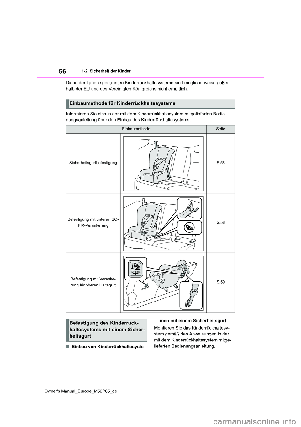 TOYOTA GR YARIS 2022 Betriebsanleitungen (in German) 56
Owner's Manual_Europe_M52P65_de
1-2. Sicherheit der Kinder
Die in der Tabelle genannten Kinderrückhaltesysteme sind möglicherweise außer-
halb der EU und des Vereinigten Königreichs nicht TOYOTA GR YARIS 2022 Betriebsanleitungen (in German) 56
Owner's Manual_Europe_M52P65_de
1-2. Sicherheit der Kinder
Die in der Tabelle genannten Kinderrückhaltesysteme sind möglicherweise außer-
halb der EU und des Vereinigten Königreichs nicht