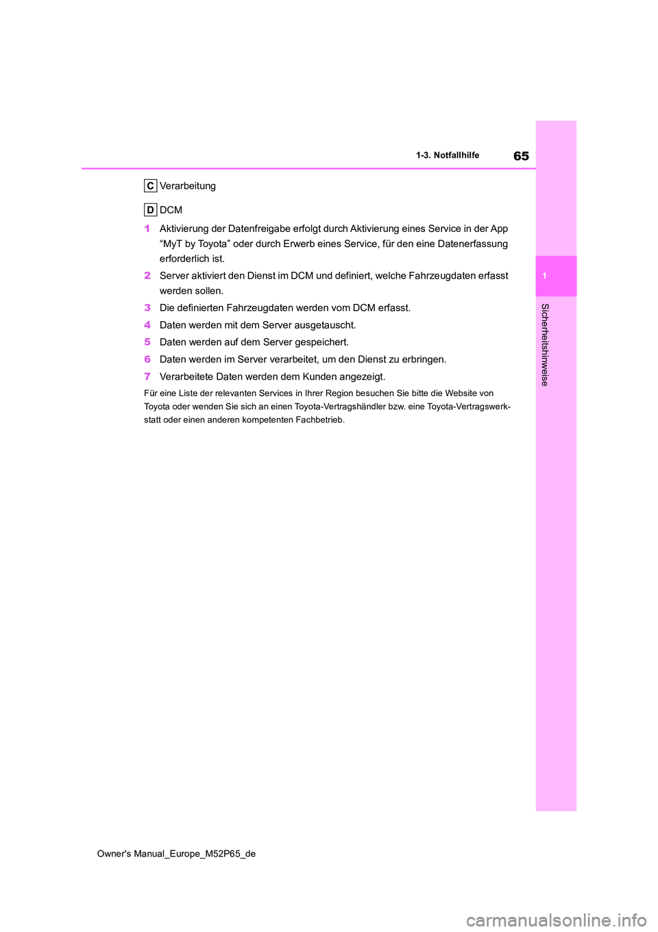 TOYOTA GR YARIS 2023  Betriebsanleitungen (in German) 65
1
Owner's Manual_Europe_M52P65_de
1-3. Notfallhilfe
Sicherheitshinweise
Verarbeitung 
DCM 
1 Aktivierung der Datenfreigabe erfolgt durch Aktivierung eines Service in der App  
“MyT by Toyota