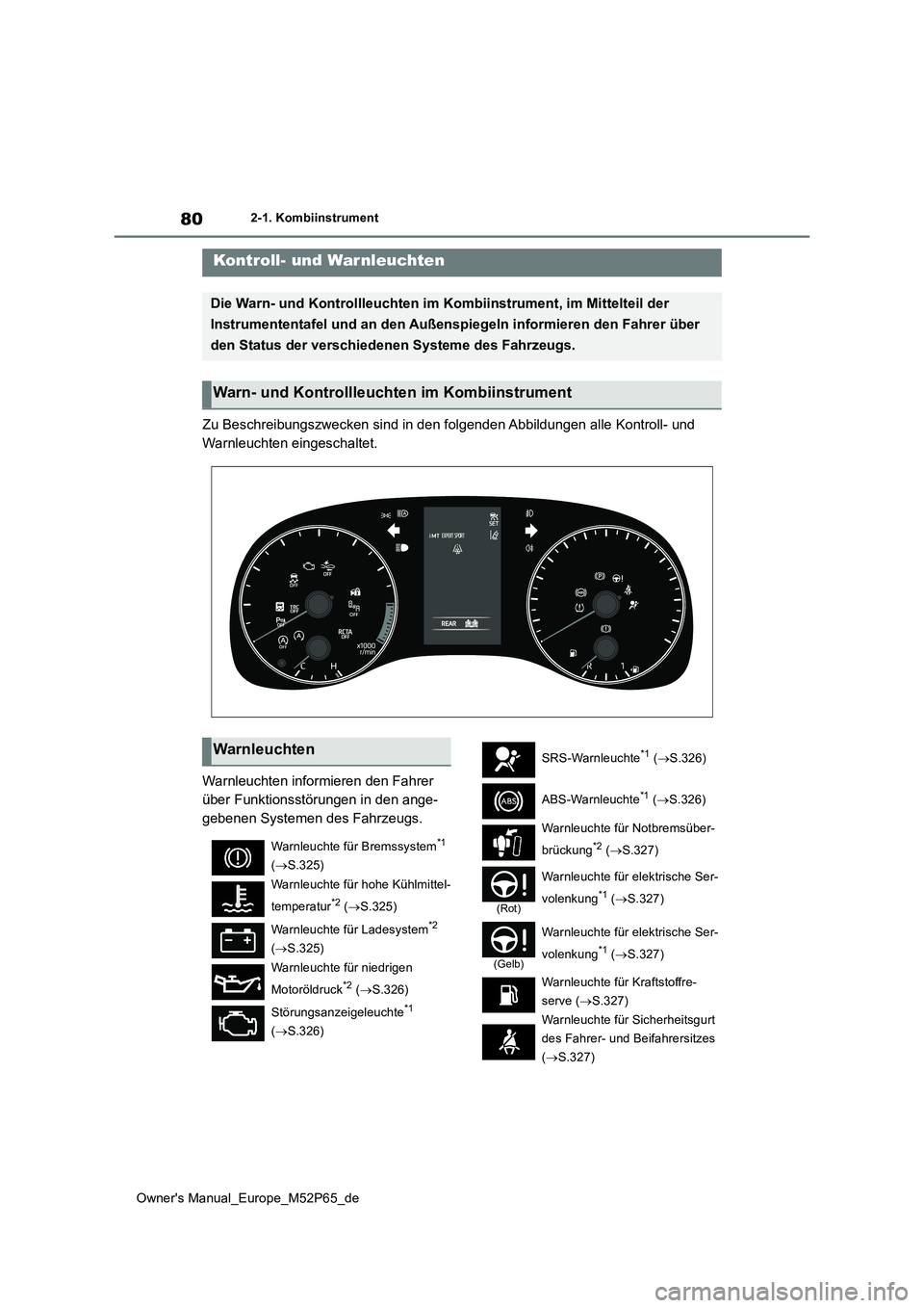 TOYOTA GR YARIS 2023  Betriebsanleitungen (in German) 80
Owner's Manual_Europe_M52P65_de
2-1. Kombiinstrument
2-1.Kombiins trument
Zu Beschreibungszwecken sind in den folgenden Abbildungen alle Kontroll- und  
Warnleuchten eingeschaltet. 
Warnleuchte