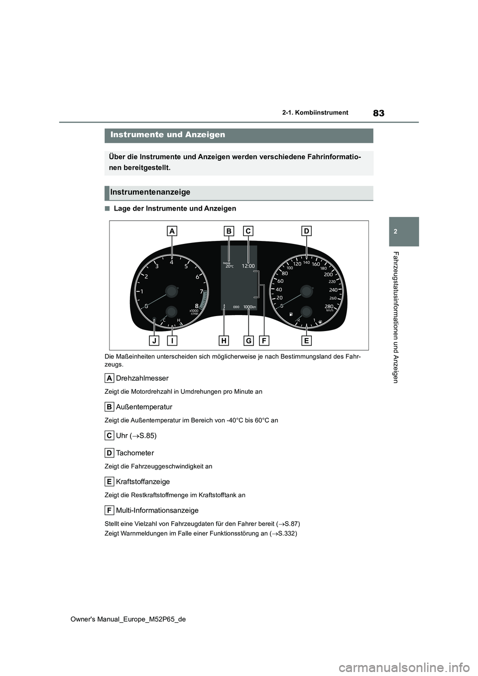 TOYOTA GR YARIS 2023  Betriebsanleitungen (in German) 83
2
Owner's Manual_Europe_M52P65_de
2-1. Kombiinstrument
Fahrzeugstatusinformationen und Anzeigen
■Lage der Instrumente und Anzeigen
Die Maßeinheiten unterscheiden sich möglicherweise je nach