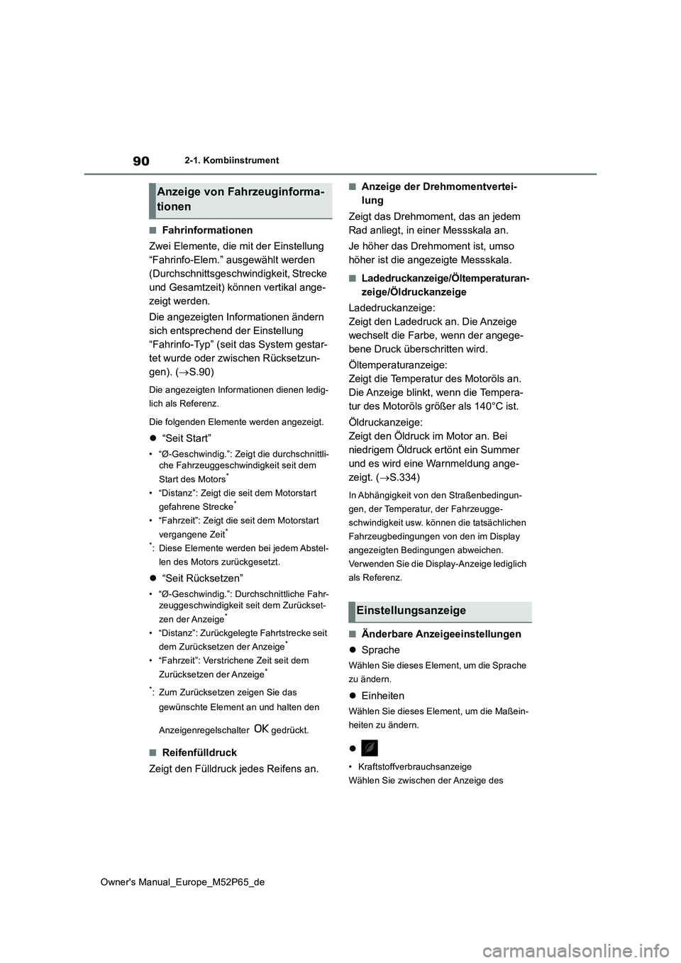 TOYOTA GR YARIS 2023  Betriebsanleitungen (in German) 90
Owner's Manual_Europe_M52P65_de
2-1. Kombiinstrument
■Fahrinformationen 
Zwei Elemente, die mit der Einstellung  
“Fahrinfo-Elem.” ausgewählt werden 
(Durchschnittsgeschwindigkeit, Strec
