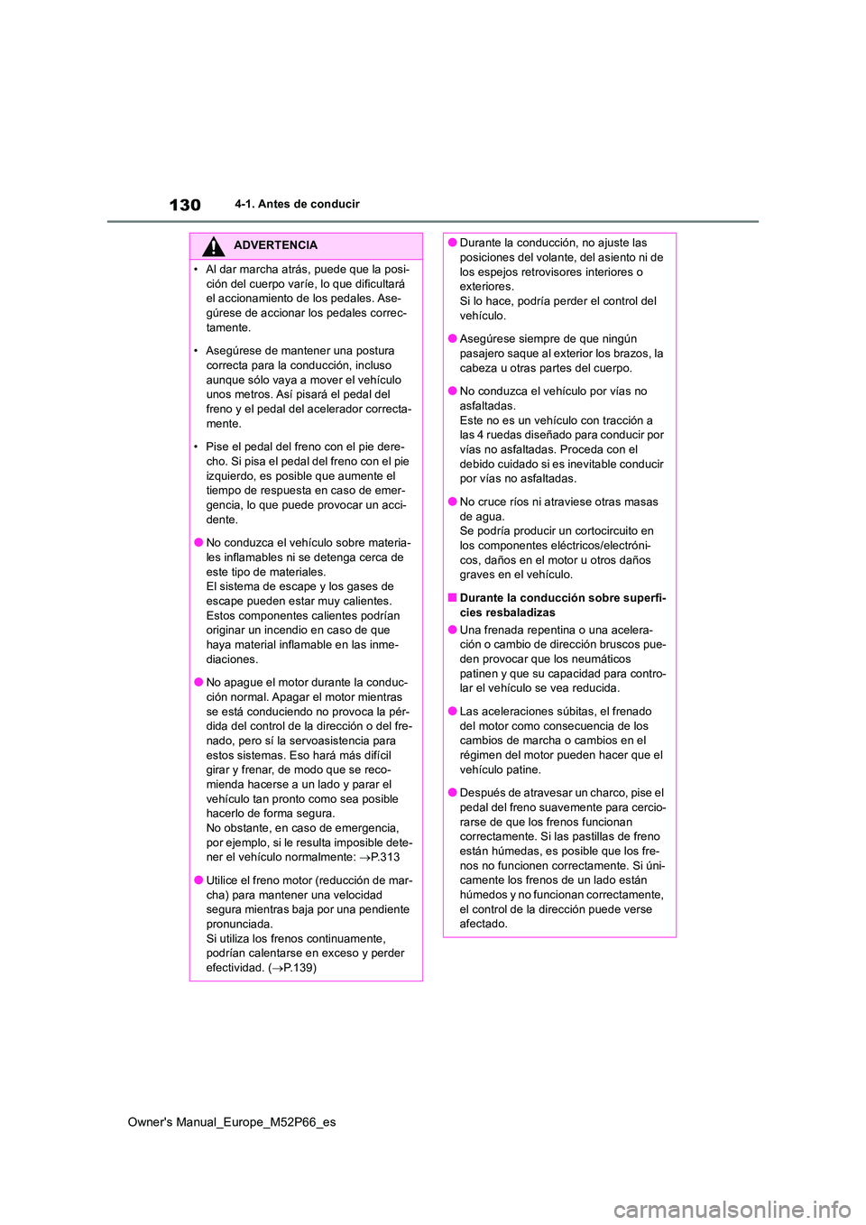 TOYOTA GR YARIS 2022  Manual del propietario (in Spanish) 130
Owner's Manual_Europe_M52P66_es
4-1. Antes de conducir
ADVERTENCIA
• Al dar marcha atrás, puede que la posi- 
ción del cuerpo varíe, lo que dificultará  el accionamiento de los pedales. 