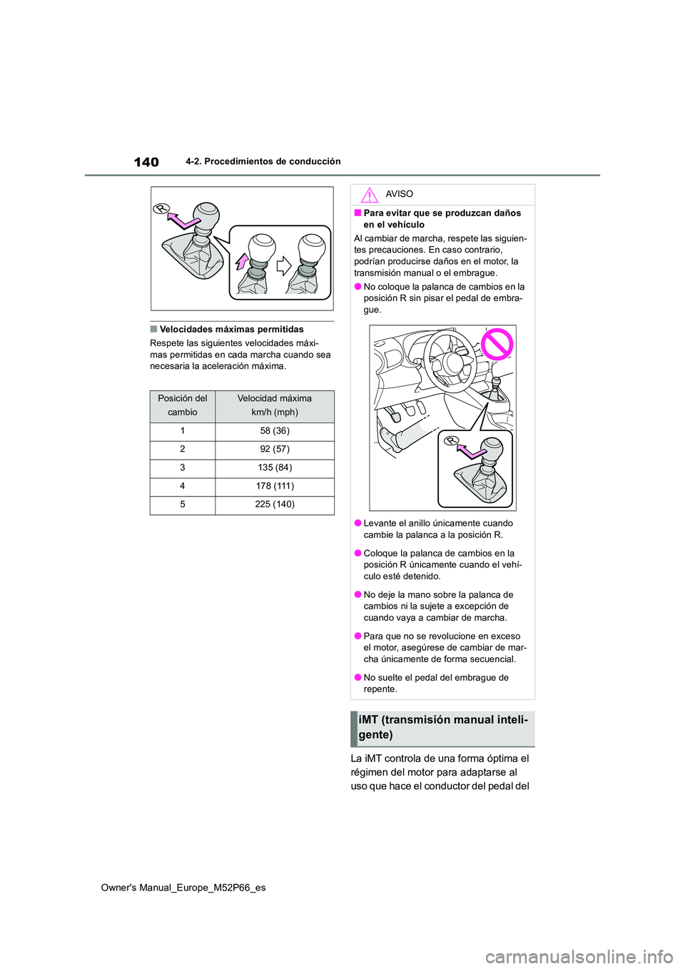 TOYOTA GR YARIS 2022  Manual del propietario (in Spanish) 140
Owner's Manual_Europe_M52P66_es
4-2. Procedimientos de conducción
■Velocidades máximas permitidas 
Respete las siguientes velocidades máxi- mas permitidas en cada marcha cuando sea necesa