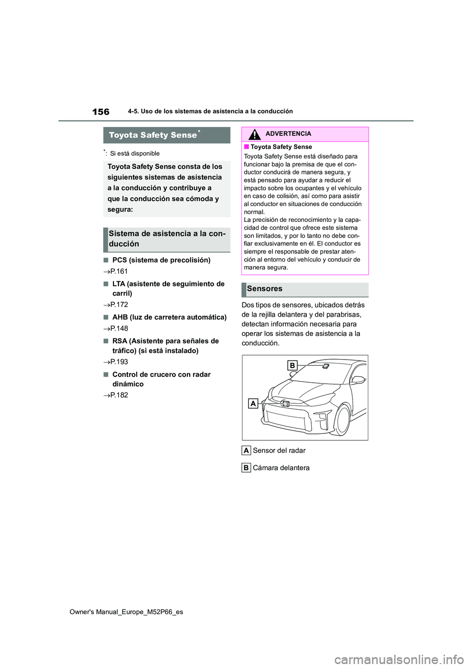 TOYOTA GR YARIS 2022  Manual del propietario (in Spanish) 156
Owner's Manual_Europe_M52P66_es
4-5. Uso de los sistemas de asistencia a la conducción
4-5.Uso de los siste ma s de asistencia a la  c onduc ció n
*: Si está disponible
■PCS (sistema de p