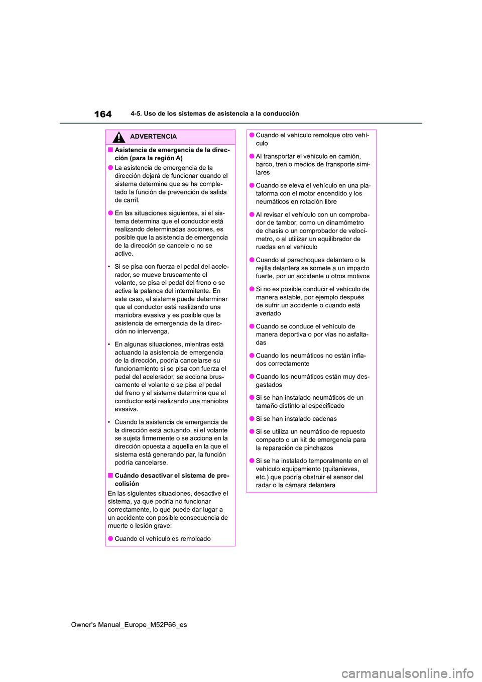 TOYOTA GR YARIS 2022  Manual del propietario (in Spanish) 164
Owner's Manual_Europe_M52P66_es
4-5. Uso de los sistemas de asistencia a la conducción
ADVERTENCIA
■Asistencia de emergencia de la direc- 
ción (para la región A)
●La asistencia de emer
