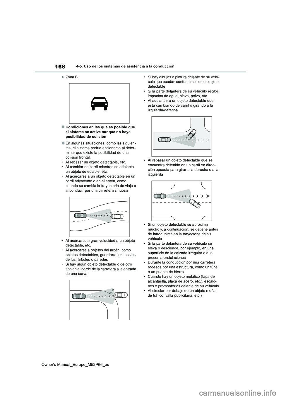 TOYOTA GR YARIS 2022  Manual del propietario (in Spanish) 168
Owner's Manual_Europe_M52P66_es
4-5. Uso de los sistemas de asistencia a la conducción
Zona B
■Condiciones en las que es posible que  
el sistema se active aunque no haya  posibilidad de