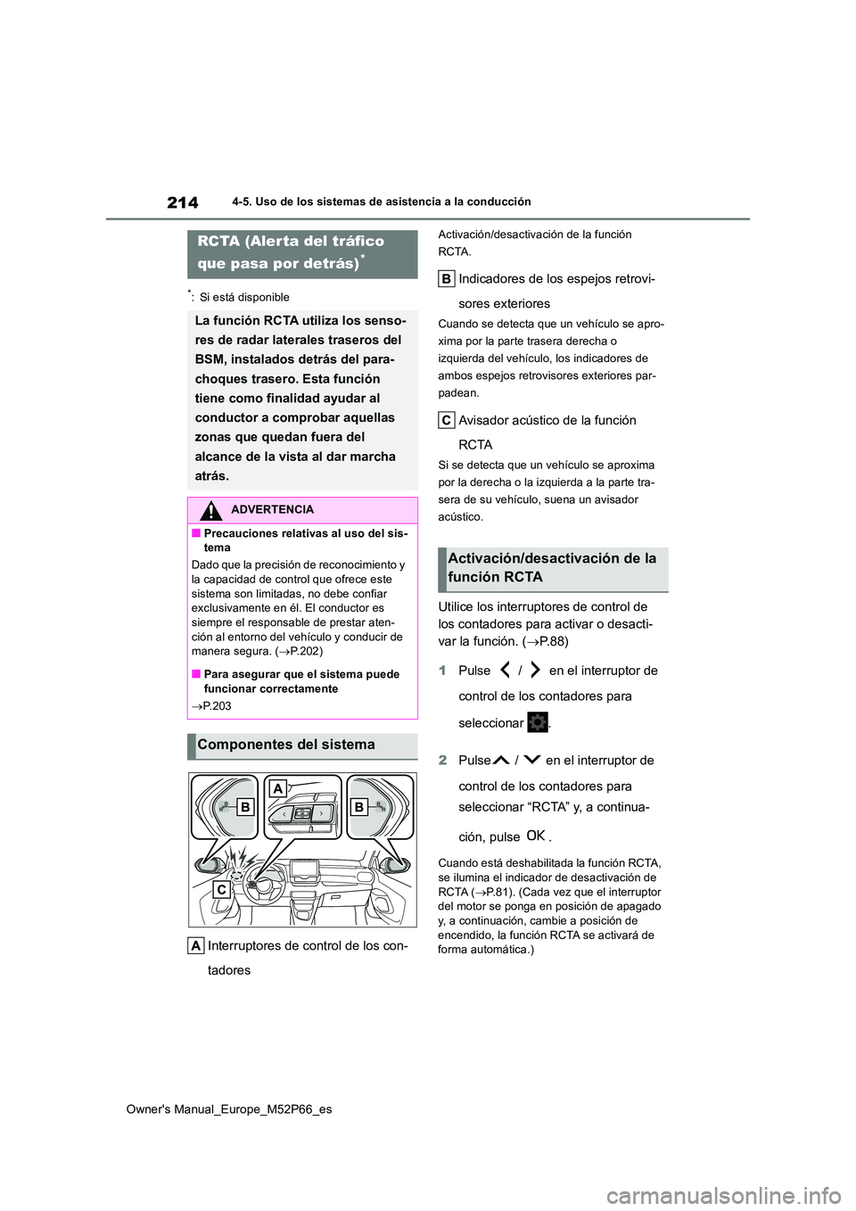 TOYOTA GR YARIS 2022 Manual del propietario (in Spanish) 214
Owner's Manual_Europe_M52P66_es
4-5. Uso de los sistemas de asistencia a la conducción
*: Si está disponible
Interruptores de control de los con-
tadores
Activación/desactivación de la fu TOYOTA GR YARIS 2022 Manual del propietario (in Spanish) 214
Owner's Manual_Europe_M52P66_es
4-5. Uso de los sistemas de asistencia a la conducción
*: Si está disponible
Interruptores de control de los con-
tadores
Activación/desactivación de la fu