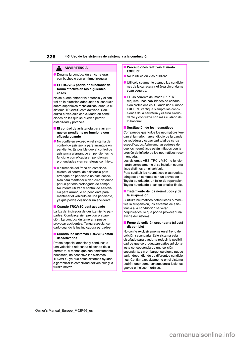 TOYOTA GR YARIS 2022 Manual del propietario (in Spanish) 226
Owner's Manual_Europe_M52P66_es
4-5. Uso de los sistemas de asistencia a la conducción
ADVERTENCIA
●Durante la conducción en carreteras
con baches o con un firme irregular
■El TRC/VSC TOYOTA GR YARIS 2022 Manual del propietario (in Spanish) 226
Owner's Manual_Europe_M52P66_es
4-5. Uso de los sistemas de asistencia a la conducción
ADVERTENCIA
●Durante la conducción en carreteras
con baches o con un firme irregular
■El TRC/VSC