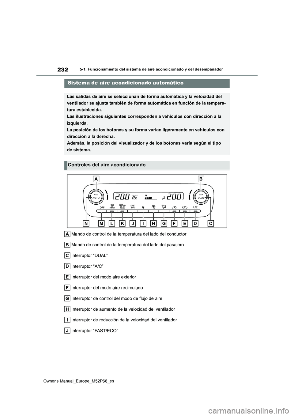 TOYOTA GR YARIS 2022 Manual del propietario (in Spanish) 232
Owner's Manual_Europe_M52P66_es
5-1. Funcionamiento del sistema de aire acondicionado y del desempañador
5-1.Func ion amie nto de l siste ma d e aire acon dic io nado y del desemp añado r
Ma TOYOTA GR YARIS 2022 Manual del propietario (in Spanish) 232
Owner's Manual_Europe_M52P66_es
5-1. Funcionamiento del sistema de aire acondicionado y del desempañador
5-1.Func ion amie nto de l siste ma d e aire acon dic io nado y del desemp añado r
Ma