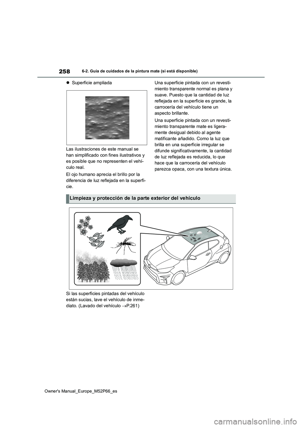 TOYOTA GR YARIS 2022  Manual del propietario (in Spanish) 258
Owner's Manual_Europe_M52P66_es
6-2. Guía de cuidados de la pintura mate (si está disponible)
Superficie ampliada 
Las ilustraciones de este manual se  
han simplificado con fines ilustra