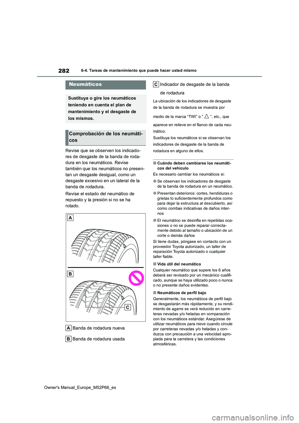 TOYOTA GR YARIS 2022 Manual del propietario (in Spanish) 282
Owner's Manual_Europe_M52P66_es
6-4. Tareas de mantenimiento que puede hacer usted mismo
Revise que se observen los indicado-
res de desgaste de la banda de roda-
dura en los neumáticos. Rev TOYOTA GR YARIS 2022 Manual del propietario (in Spanish) 282
Owner's Manual_Europe_M52P66_es
6-4. Tareas de mantenimiento que puede hacer usted mismo
Revise que se observen los indicado-
res de desgaste de la banda de roda-
dura en los neumáticos. Rev