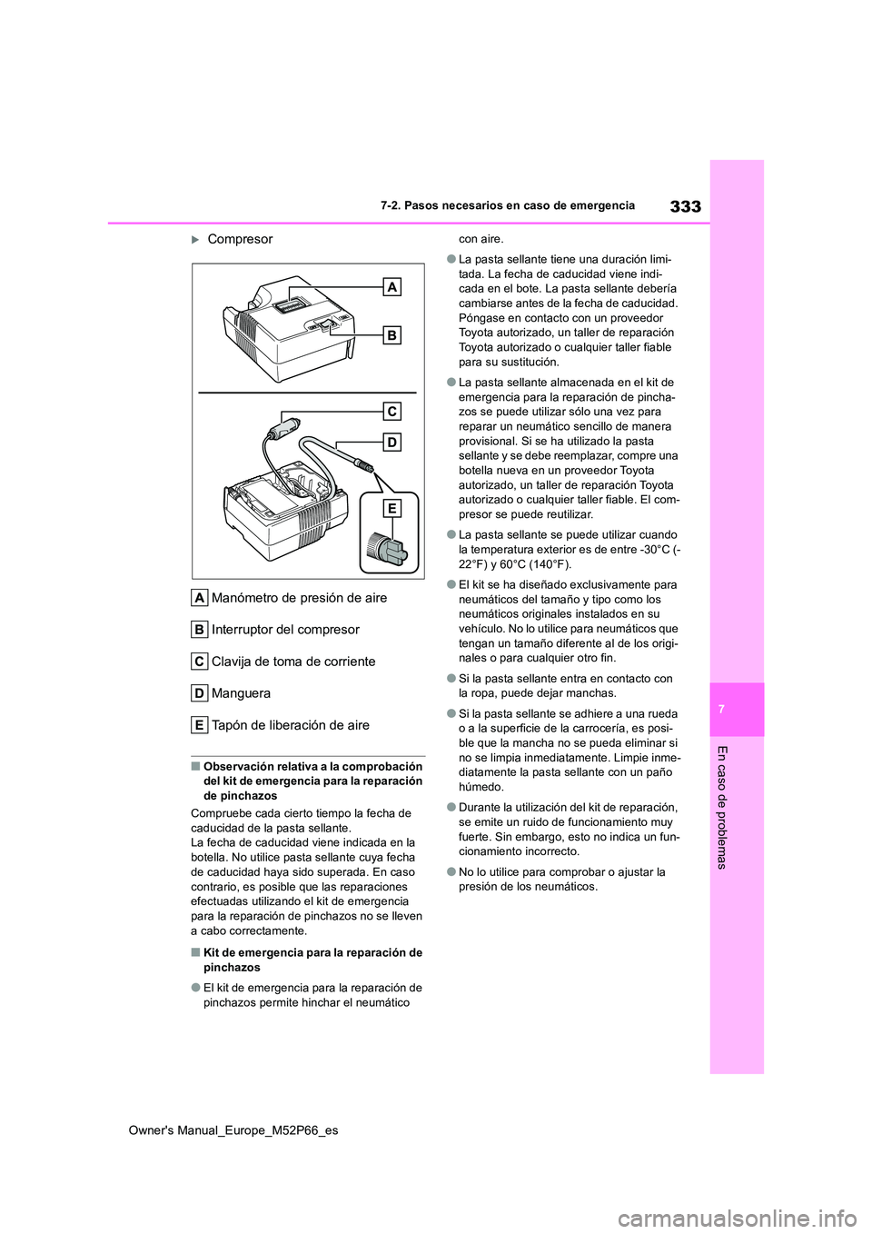 TOYOTA GR YARIS 2022  Manual del propietario (in Spanish) 333
7
Owner's Manual_Europe_M52P66_es
7-2. Pasos necesarios en caso de emergencia
En caso de problemas
Compresor 
Manómetro de presión de aire 
Interruptor del compresor
Clavija de toma de co