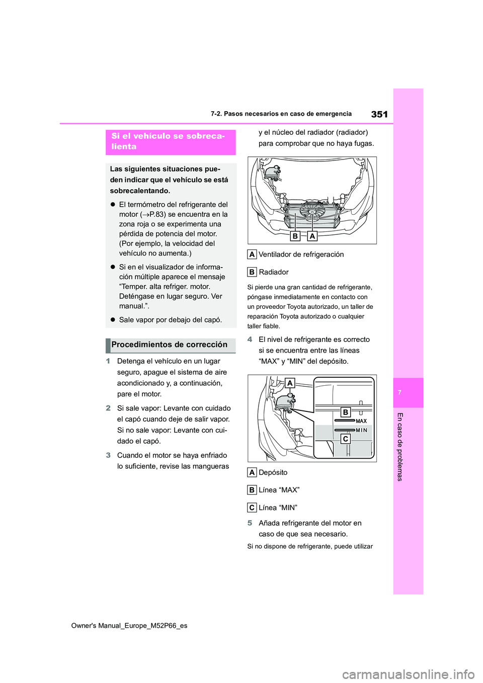 TOYOTA GR YARIS 2022  Manual del propietario (in Spanish) 351
7
Owner's Manual_Europe_M52P66_es
7-2. Pasos necesarios en caso de emergencia
En caso de problemas
1Detenga el vehículo en un lugar  
seguro, apague el sistema de aire  
acondicionado y, a co