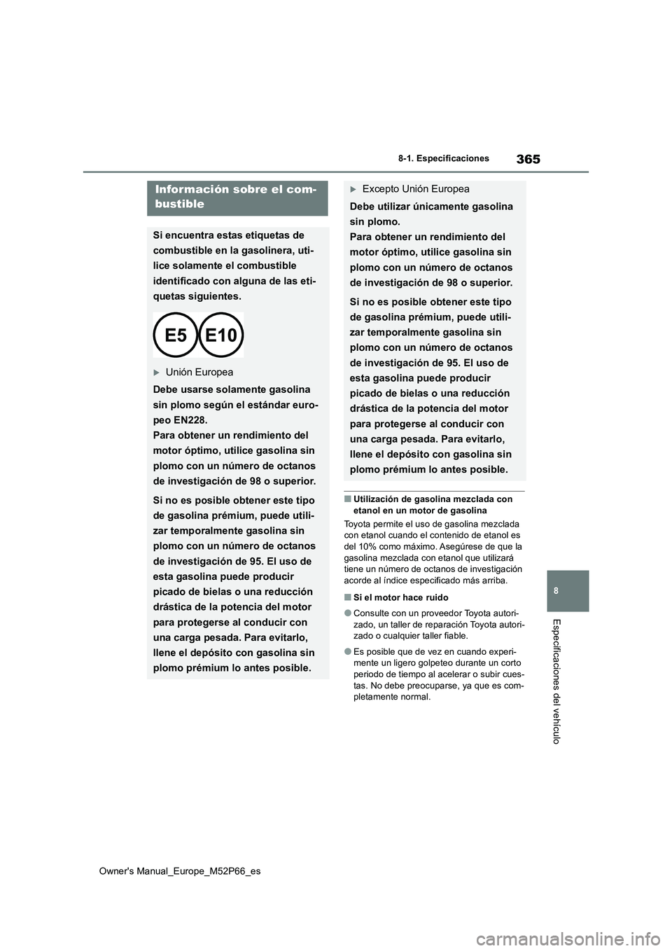TOYOTA GR YARIS 2022 Manual del propietario (in Spanish) 365
8
Owner's Manual_Europe_M52P66_es
8-1. Especificaciones
Especificaciones del vehículo
■Utilización de gasolina mezclada con etanol en un motor de gasolina
Toyota permite el uso de gasoli TOYOTA GR YARIS 2022 Manual del propietario (in Spanish) 365
8
Owner's Manual_Europe_M52P66_es
8-1. Especificaciones
Especificaciones del vehículo
■Utilización de gasolina mezclada con etanol en un motor de gasolina
Toyota permite el uso de gasoli