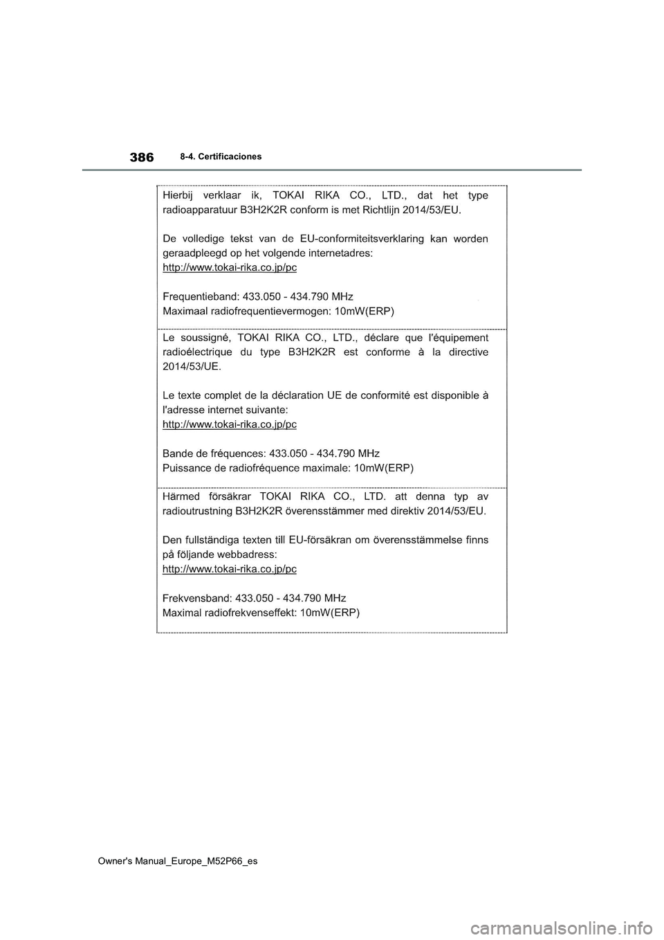 TOYOTA GR YARIS 2022  Manual del propietario (in Spanish) 386
Owner's Manual_Europe_M52P66_es
8-4. Certificaciones 