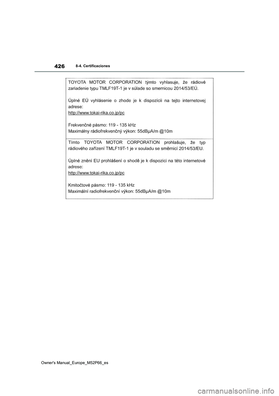 TOYOTA GR YARIS 2022 Manual del propietario (in Spanish) 426
Owner's Manual_Europe_M52P66_es
8-4. Certificaciones TOYOTA GR YARIS 2022 Manual del propietario (in Spanish) 426
Owner's Manual_Europe_M52P66_es
8-4. Certificaciones