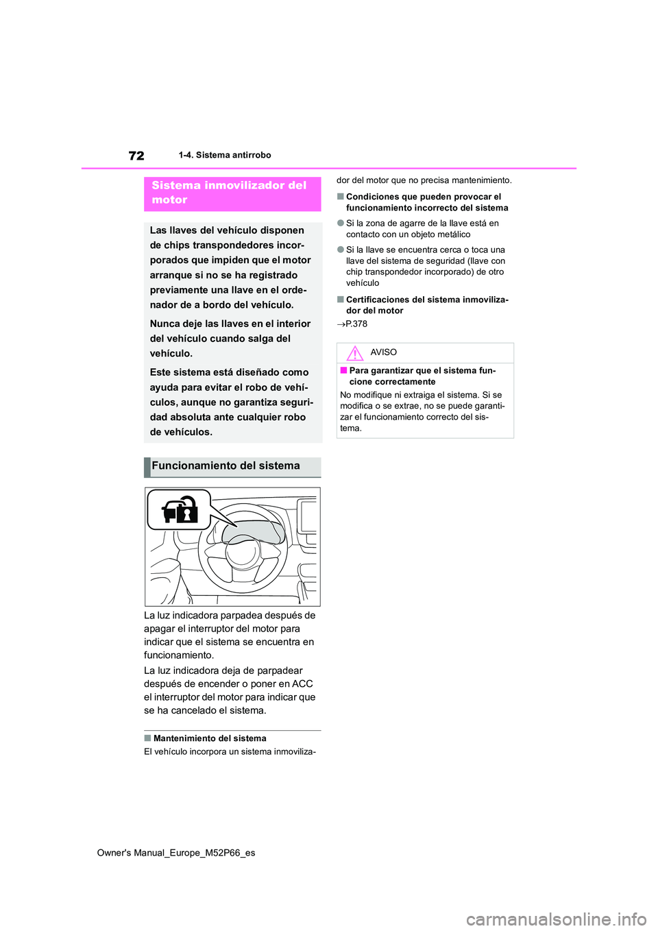 TOYOTA GR YARIS 2022 Manual del propietario (in Spanish) 72
Owner's Manual_Europe_M52P66_es
1-4. Sistema antirrobo
1-4.Siste ma a ntirrobo
La luz indicadora parpadea después de
apagar el interruptor del motor para
indicar que el sistema se encuentr TOYOTA GR YARIS 2022 Manual del propietario (in Spanish) 72
Owner's Manual_Europe_M52P66_es
1-4. Sistema antirrobo
1-4.Siste ma a ntirrobo
La luz indicadora parpadea después de
apagar el interruptor del motor para
indicar que el sistema se encuentr