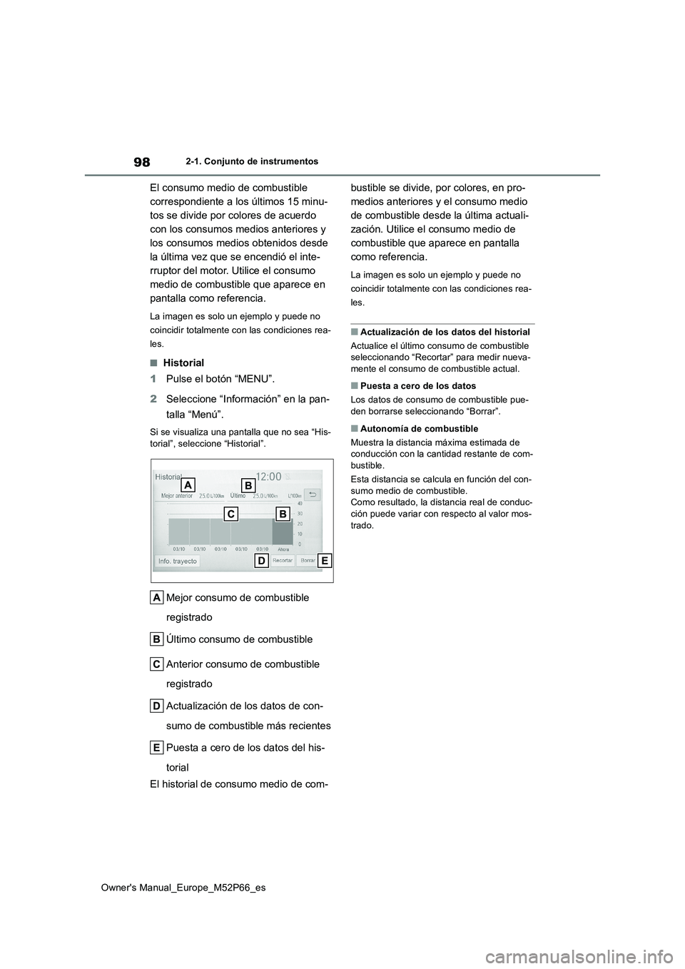 TOYOTA GR YARIS 2022 Manual del propietario (in Spanish) 98
Owner's Manual_Europe_M52P66_es
2-1. Conjunto de instrumentos
El consumo medio de combustible
correspondiente a los últimos 15 minu-
tos se divide por colores de acuerdo
con los consumos me TOYOTA GR YARIS 2022 Manual del propietario (in Spanish) 98
Owner's Manual_Europe_M52P66_es
2-1. Conjunto de instrumentos
El consumo medio de combustible
correspondiente a los últimos 15 minu-
tos se divide por colores de acuerdo
con los consumos me