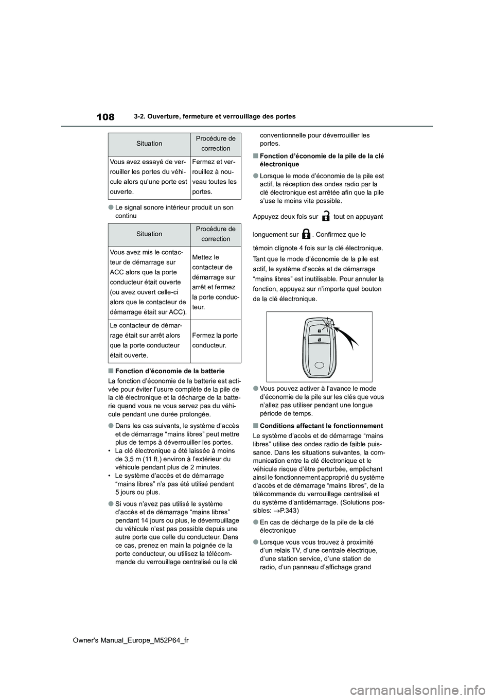 TOYOTA GR YARIS 2022 Manuel du propriétaire (in French) 108
Owner's Manual_Europe_M52P64_fr
3-2. Ouverture, fermeture et verrouillage des portes
●Le signal sonore intérieur produit un son continu
■Fonction d’économie de la batterie
La fonctio TOYOTA GR YARIS 2022 Manuel du propriétaire (in French) 108
Owner's Manual_Europe_M52P64_fr
3-2. Ouverture, fermeture et verrouillage des portes
●Le signal sonore intérieur produit un son continu
■Fonction d’économie de la batterie
La fonctio