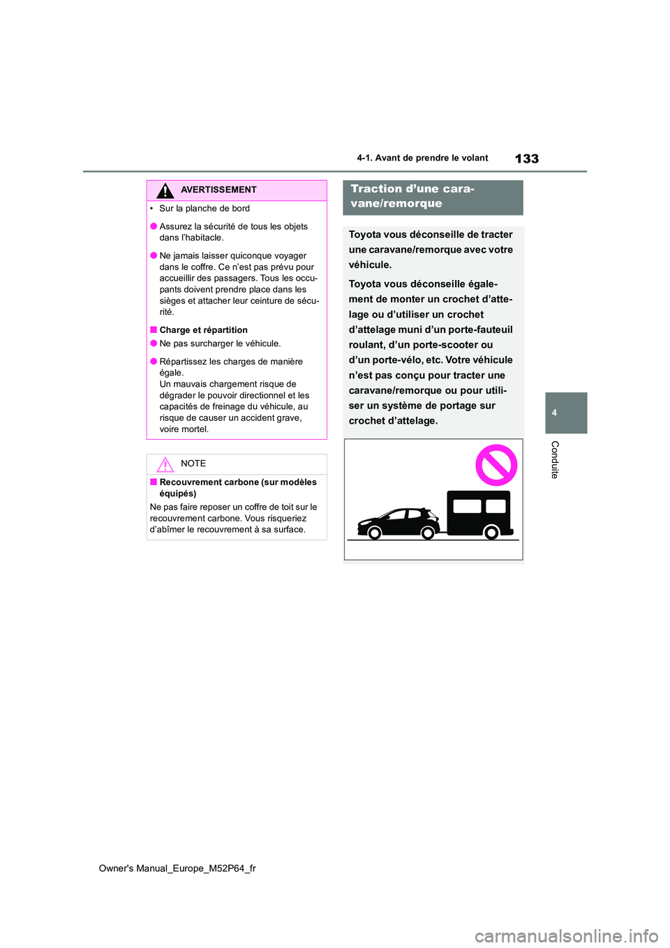 TOYOTA GR YARIS 2023  Manuel du propriétaire (in French) 133
4
Owner's Manual_Europe_M52P64_fr
4-1. Avant de prendre le volant
Conduite
AVERTISSEMENT
�