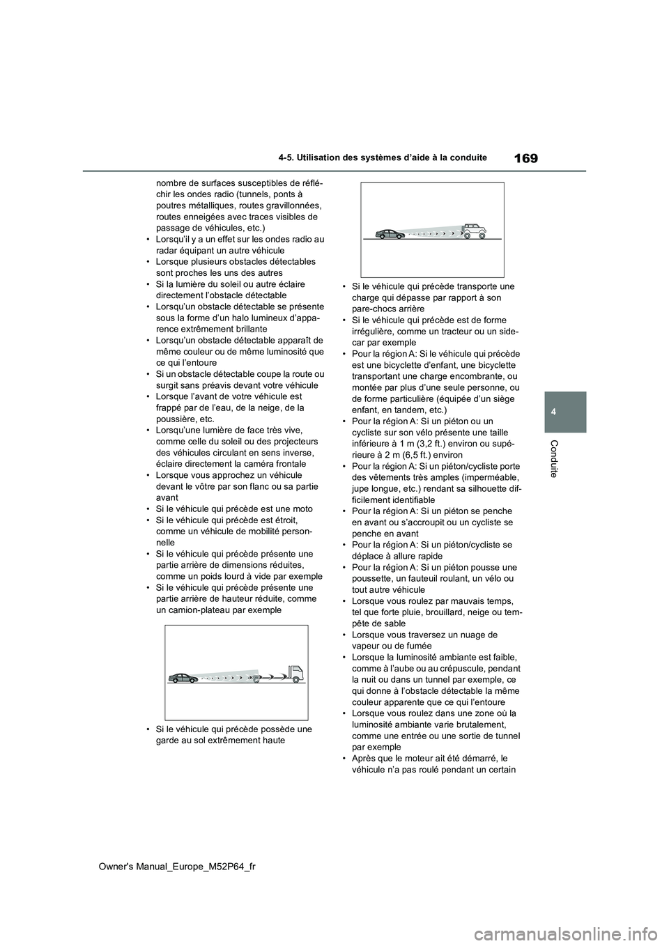 TOYOTA GR YARIS 2023 Manuel du propriétaire (in French) 169
4
Owner's Manual_Europe_M52P64_fr
4-5. Utilisation des systèmes d’aide à la conduite
Conduite
nombre de surfaces susceptibles de réflé- chir les ondes radio (tunnels, ponts à poutres m TOYOTA GR YARIS 2023 Manuel du propriétaire (in French) 169
4
Owner's Manual_Europe_M52P64_fr
4-5. Utilisation des systèmes d’aide à la conduite
Conduite
nombre de surfaces susceptibles de réflé- chir les ondes radio (tunnels, ponts à poutres m