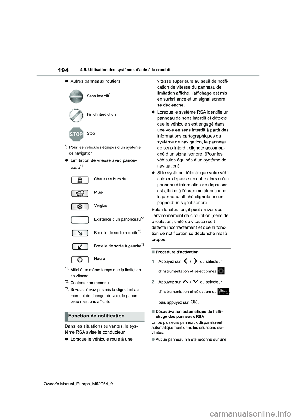 TOYOTA GR YARIS 2022 Manuel du propriétaire (in French) 194
Owner's Manual_Europe_M52P64_fr
4-5. Utilisation des systèmes d’aide à la conduite
Autres panneaux routiers
*: Pour les véhicules équipés d’un système
de navigation
Limitati TOYOTA GR YARIS 2022 Manuel du propriétaire (in French) 194
Owner's Manual_Europe_M52P64_fr
4-5. Utilisation des systèmes d’aide à la conduite
Autres panneaux routiers
*: Pour les véhicules équipés d’un système
de navigation
Limitati