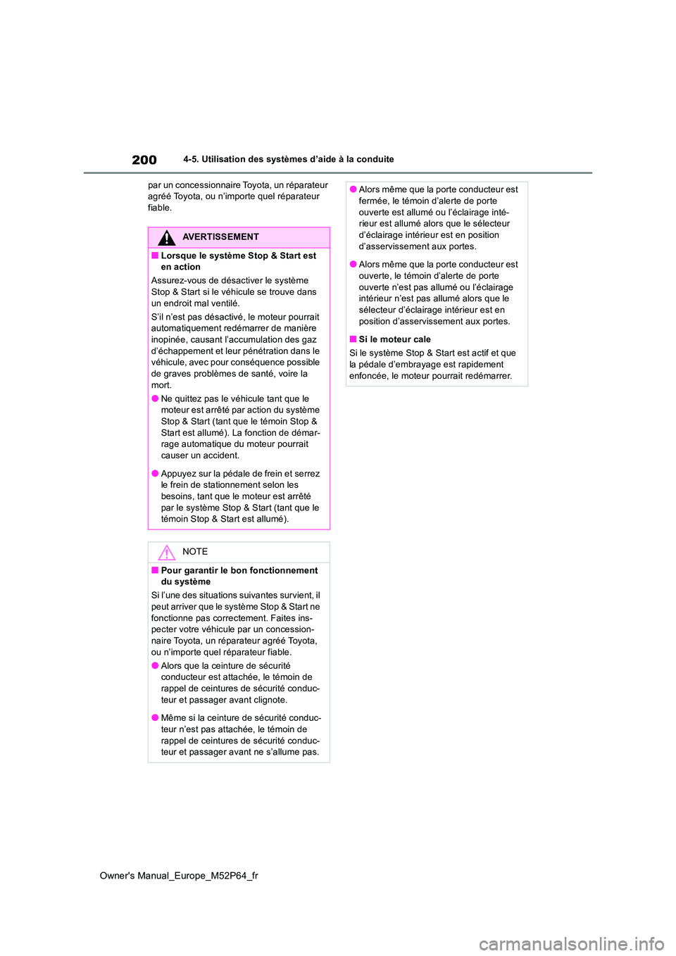 TOYOTA GR YARIS 2022 Manuel du propriétaire (in French) 200
Owner's Manual_Europe_M52P64_fr
4-5. Utilisation des systèmes d’aide à la conduite
par un concessionnaire T oyota, un réparateur agréé Toyota, ou n’importe quel réparateur fiable.
TOYOTA GR YARIS 2022 Manuel du propriétaire (in French) 200
Owner's Manual_Europe_M52P64_fr
4-5. Utilisation des systèmes d’aide à la conduite
par un concessionnaire T oyota, un réparateur agréé Toyota, ou n’importe quel réparateur fiable.