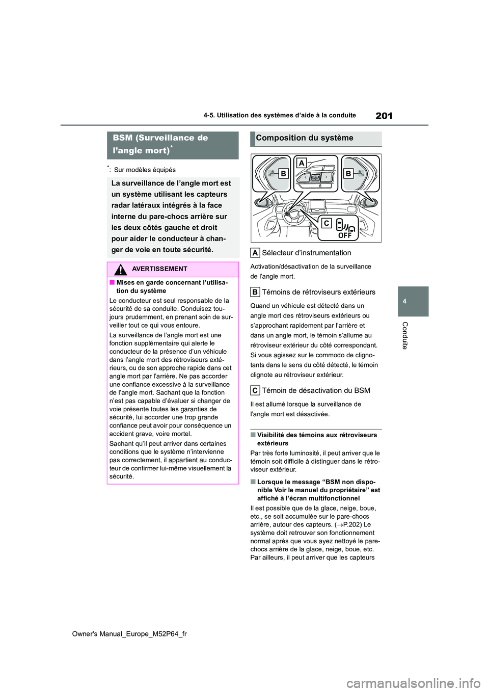 TOYOTA GR YARIS 2022 Manuel du propriétaire (in French) 201
4
Owner's Manual_Europe_M52P64_fr
4-5. Utilisation des systèmes d’aide à la conduite
Conduite
*: Sur modèles équipés
Sélecteur d’instrumentation
Activation/désactivation de la surve TOYOTA GR YARIS 2022 Manuel du propriétaire (in French) 201
4
Owner's Manual_Europe_M52P64_fr
4-5. Utilisation des systèmes d’aide à la conduite
Conduite
*: Sur modèles équipés
Sélecteur d’instrumentation
Activation/désactivation de la surve