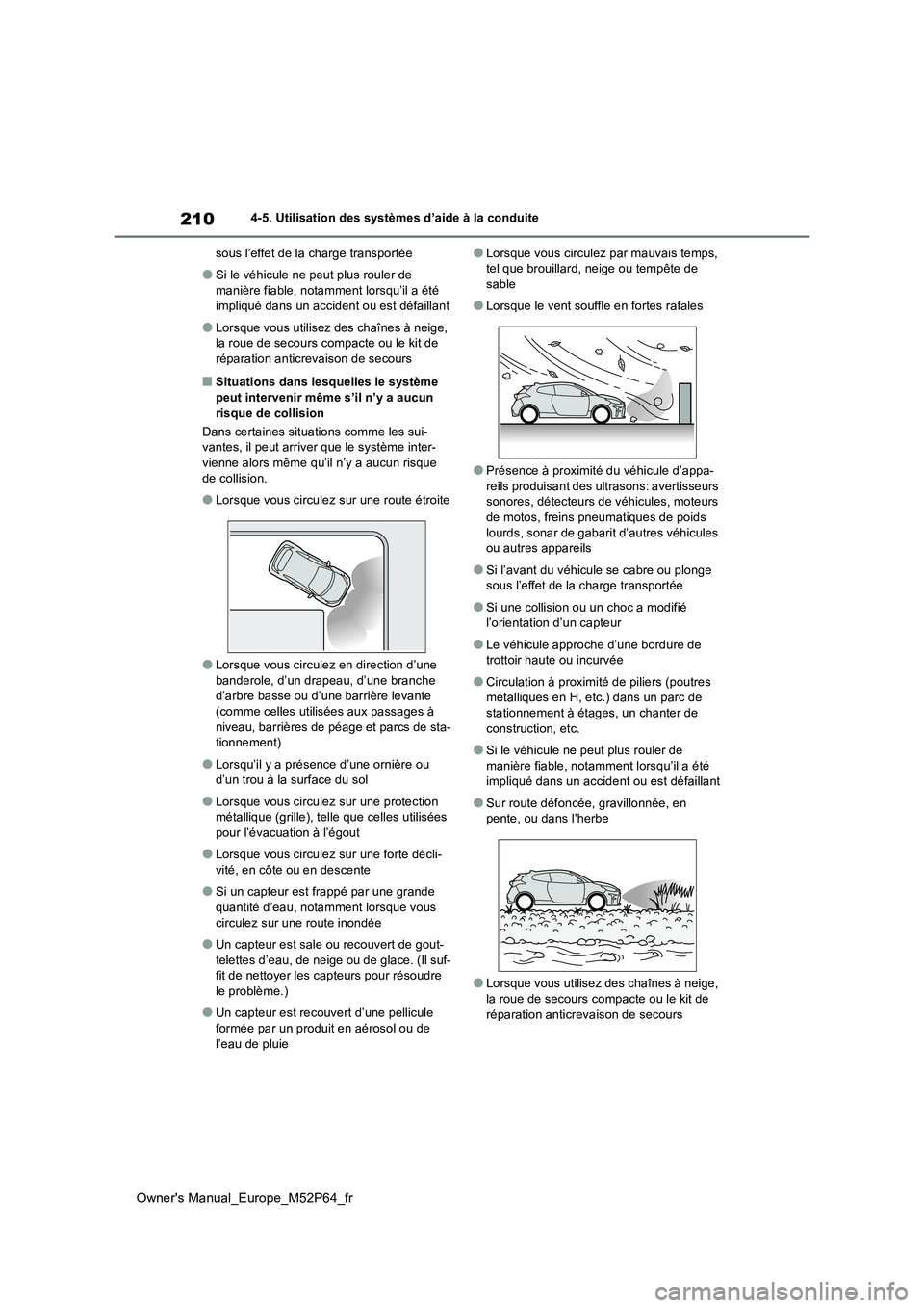TOYOTA GR YARIS 2023  Manuel du propriétaire (in French) 210
Owner's Manual_Europe_M52P64_fr
4-5. Utilisation des systèmes d’aide à la conduite 
sous l’effet de la charge transportée
●Si le véhicule ne peut plus rouler de  
manière fiable, no