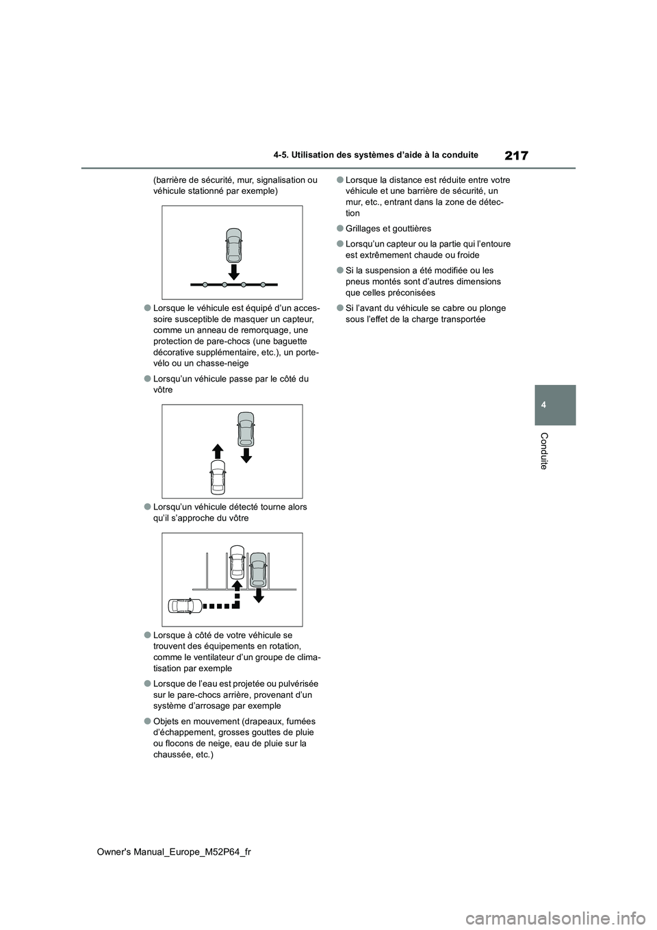 TOYOTA GR YARIS 2023  Manuel du propriétaire (in French) 217
4
Owner's Manual_Europe_M52P64_fr
4-5. Utilisation des systèmes d’aide à la conduite
Conduite
(barrière de sécurité, mur, signalisation ou  véhicule stationné par exemple)
●Lorsque 