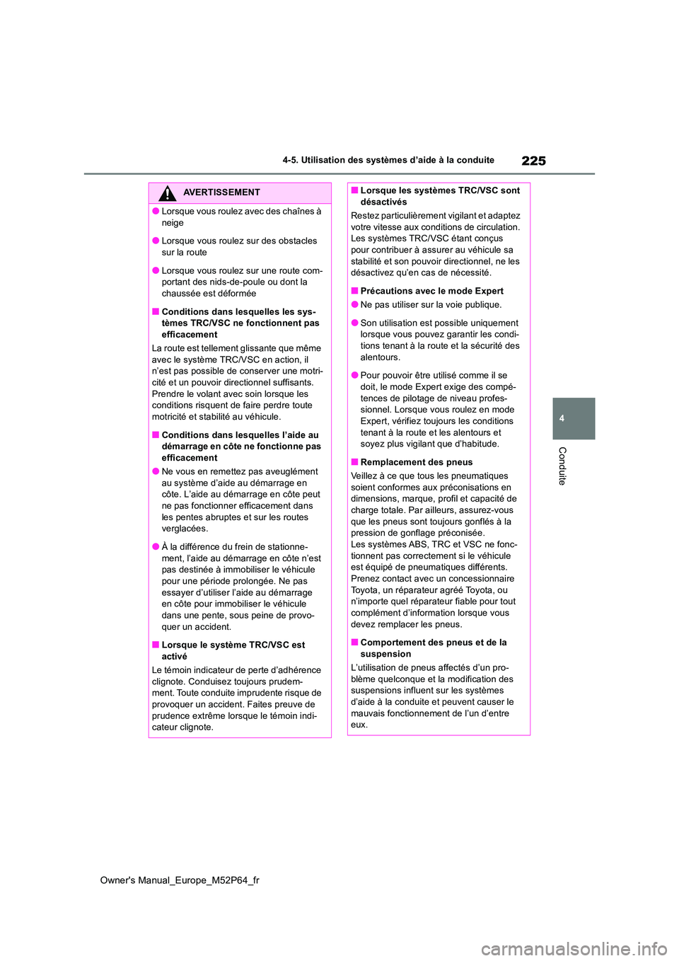 TOYOTA GR YARIS 2023 Manuel du propriétaire (in French) 225
4
Owner's Manual_Europe_M52P64_fr
4-5. Utilisation des systèmes d’aide à la conduite
Conduite
AVERTISSEMENT
●Lorsque vous roulez avec des chaînes à
neige
●Lorsque vous roulez sur d TOYOTA GR YARIS 2023 Manuel du propriétaire (in French) 225
4
Owner's Manual_Europe_M52P64_fr
4-5. Utilisation des systèmes d’aide à la conduite
Conduite
AVERTISSEMENT
●Lorsque vous roulez avec des chaînes à
neige
●Lorsque vous roulez sur d