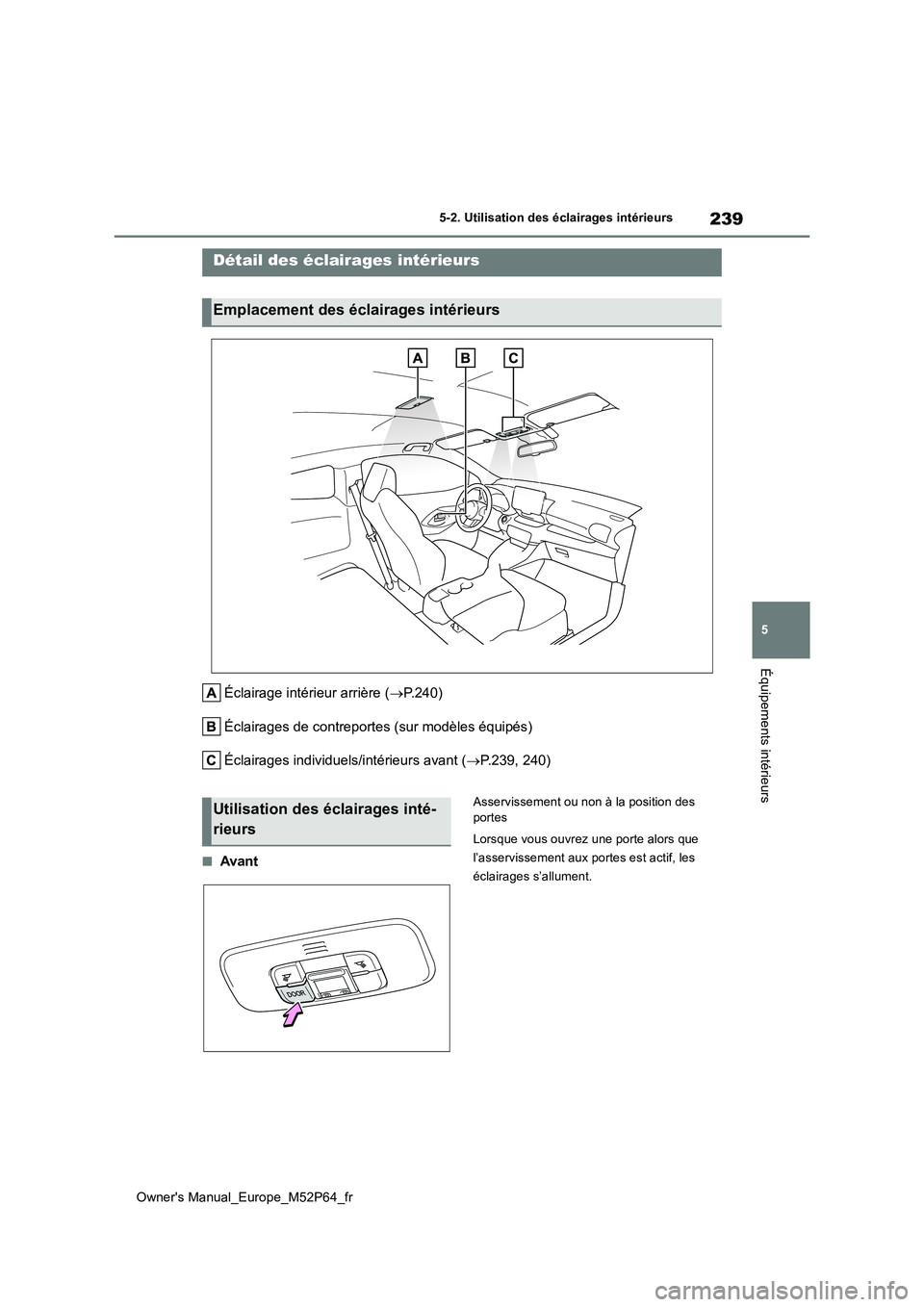 TOYOTA GR YARIS 2023 Manuel du propriétaire (in French) 239
5
Owner's Manual_Europe_M52P64_fr
5-2. Utilisation des éclairages intérieurs
Équipements intérieurs
5-2.Utilisation des éclairages intérieurs
Éclairage intérieur arrière (P.240)
TOYOTA GR YARIS 2023 Manuel du propriétaire (in French) 239
5
Owner's Manual_Europe_M52P64_fr
5-2. Utilisation des éclairages intérieurs
Équipements intérieurs
5-2.Utilisation des éclairages intérieurs
Éclairage intérieur arrière (P.240)