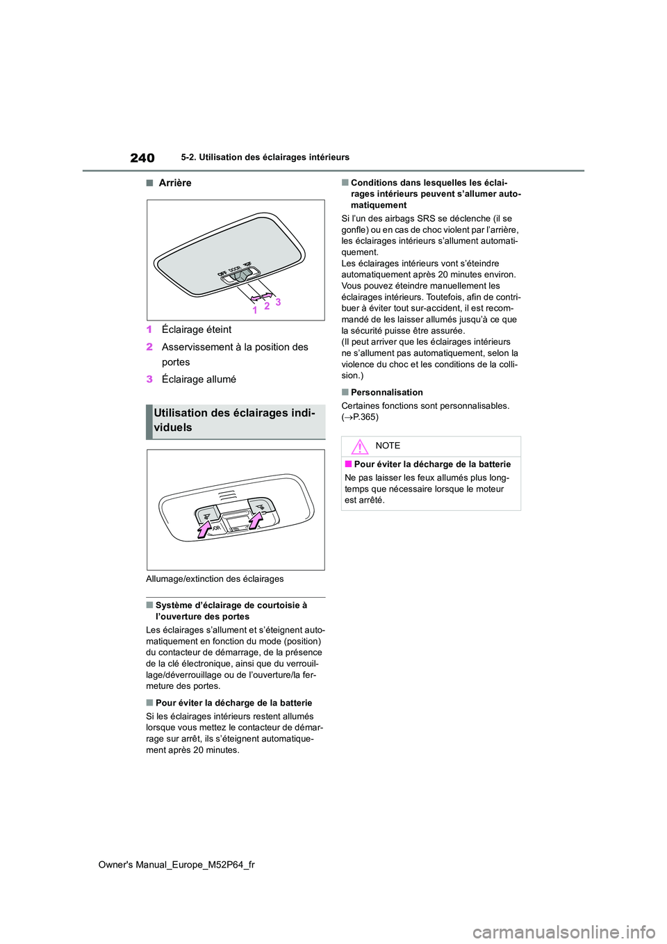 TOYOTA GR YARIS 2023 Manuel du propriétaire (in French) 240
Owner's Manual_Europe_M52P64_fr
5-2. Utilisation des éclairages intérieurs
■Arrière
1 Éclairage éteint
2 Asservissement à la position des
portes
3 Éclairage allumé
Allumage/exti TOYOTA GR YARIS 2023 Manuel du propriétaire (in French) 240
Owner's Manual_Europe_M52P64_fr
5-2. Utilisation des éclairages intérieurs
■Arrière
1 Éclairage éteint
2 Asservissement à la position des
portes
3 Éclairage allumé
Allumage/exti