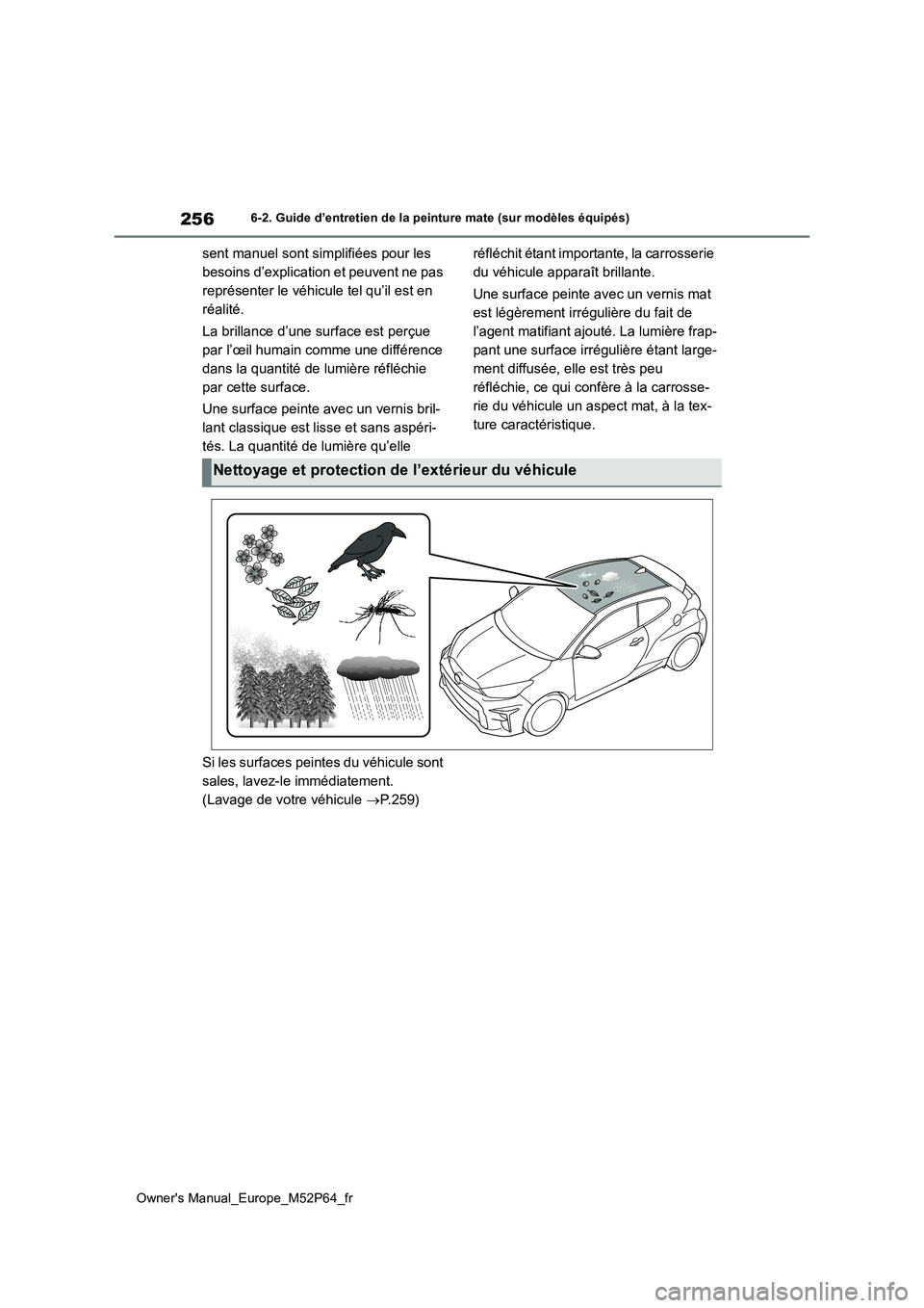 TOYOTA GR YARIS 2023 Manuel du propriétaire (in French) 256
Owner's Manual_Europe_M52P64_fr
6-2. Guide d’entretien de la peinture mate (sur modèles équipés)
sent manuel sont simplifiées pour les
besoins d’explication et peuvent ne pas
repré TOYOTA GR YARIS 2023 Manuel du propriétaire (in French) 256
Owner's Manual_Europe_M52P64_fr
6-2. Guide d’entretien de la peinture mate (sur modèles équipés)
sent manuel sont simplifiées pour les
besoins d’explication et peuvent ne pas
repré