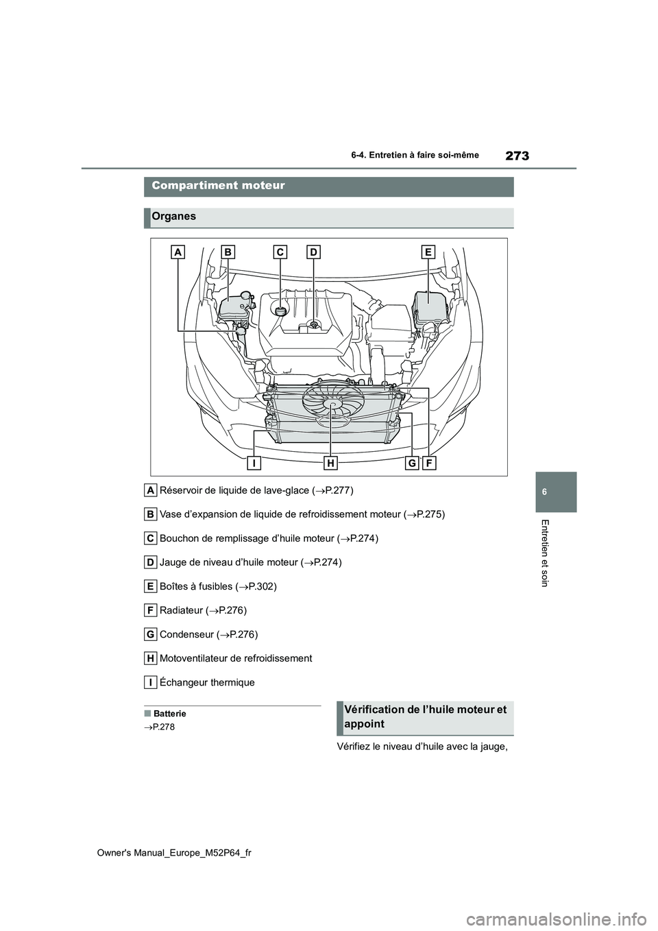 TOYOTA GR YARIS 2023 Manuel du propriétaire (in French) 273
6
Owner's Manual_Europe_M52P64_fr
6-4. Entretien à faire soi-même
Entretien et soin
Réservoir de liquide de lave-glace (P.277)
Vase d’expansion de liquide de refroidissement moteur ( TOYOTA GR YARIS 2023 Manuel du propriétaire (in French) 273
6
Owner's Manual_Europe_M52P64_fr
6-4. Entretien à faire soi-même
Entretien et soin
Réservoir de liquide de lave-glace (P.277)
Vase d’expansion de liquide de refroidissement moteur (