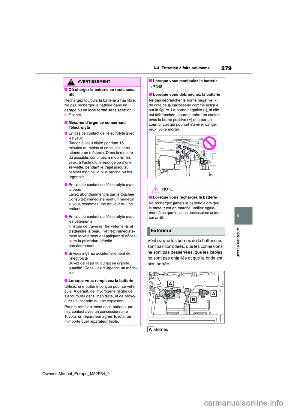 TOYOTA GR YARIS 2023 Manuel du propriétaire (in French) 279
6
Owner's Manual_Europe_M52P64_fr
6-4. Entretien à faire soi-même
Entretien et soin
Vérifiez que les bornes de la batterie ne
sont pas corrodées, que les connexions
ne sont pas desserr TOYOTA GR YARIS 2023 Manuel du propriétaire (in French) 279
6
Owner's Manual_Europe_M52P64_fr
6-4. Entretien à faire soi-même
Entretien et soin
Vérifiez que les bornes de la batterie ne
sont pas corrodées, que les connexions
ne sont pas desserr