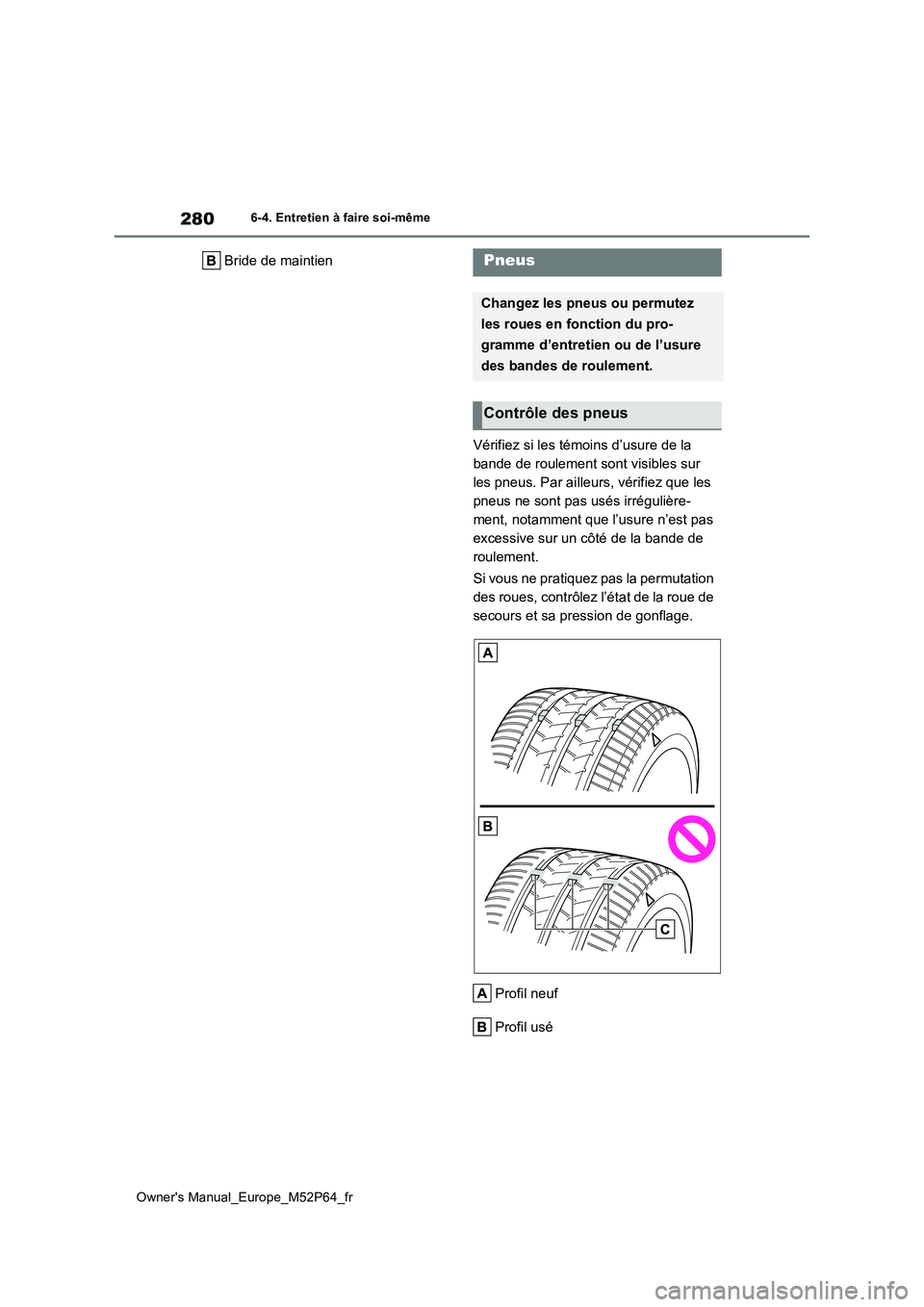 TOYOTA GR YARIS 2023 Manuel du propriétaire (in French) 280
Owner's Manual_Europe_M52P64_fr
6-4. Entretien à faire soi-même
Bride de maintien
Vérifiez si les témoins d’usure de la
bande de roulement sont visibles sur
les pneus. Par ailleurs, TOYOTA GR YARIS 2023 Manuel du propriétaire (in French) 280
Owner's Manual_Europe_M52P64_fr
6-4. Entretien à faire soi-même
Bride de maintien
Vérifiez si les témoins d’usure de la
bande de roulement sont visibles sur
les pneus. Par ailleurs,