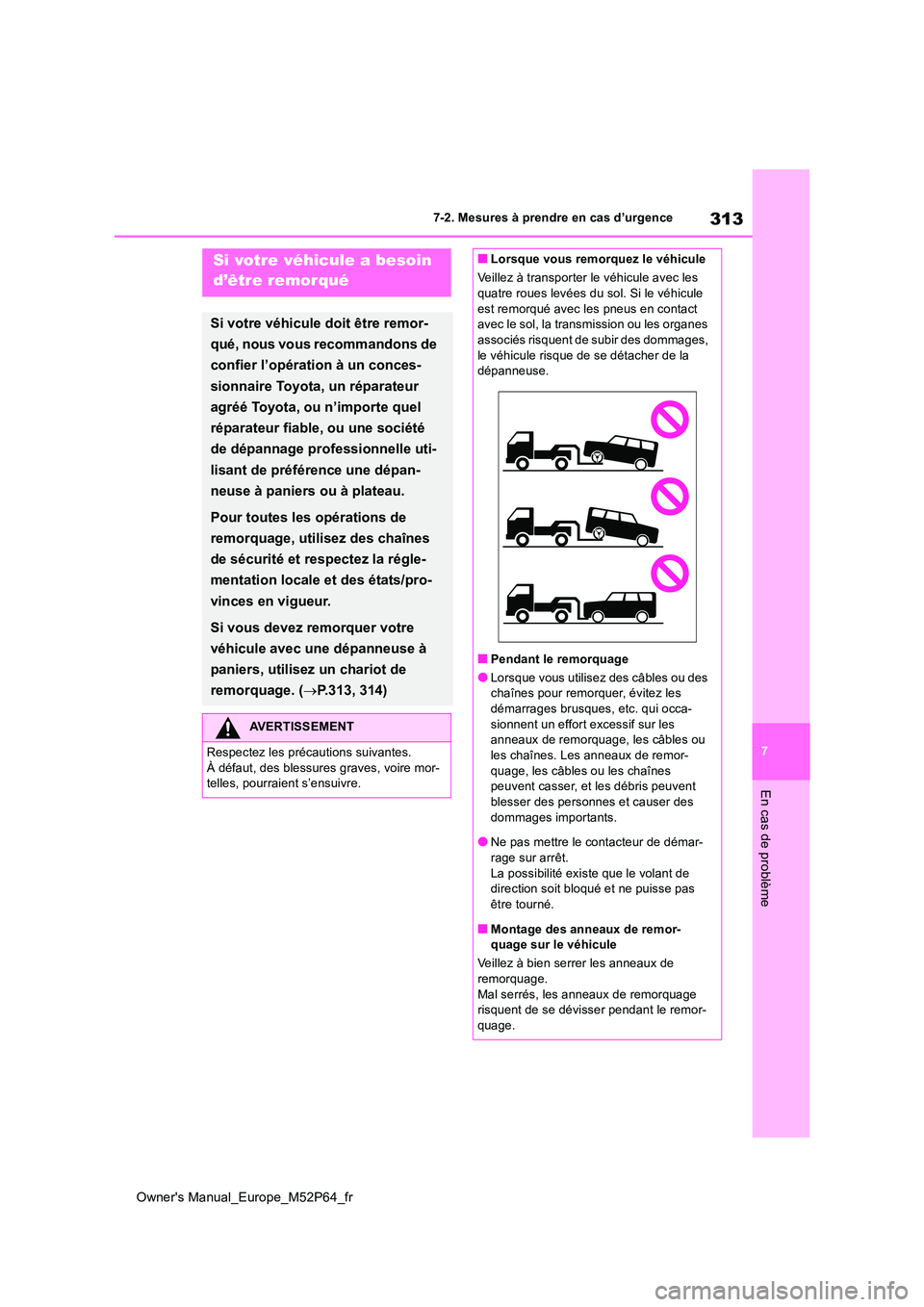 TOYOTA GR YARIS 2022  Manuel du propriétaire (in French) 313
7
Owner's Manual_Europe_M52P64_fr
7-2. Mesures à prendre en cas d’urgence
En cas de problème
7-2.Mesures à prendre en cas d’urgenceSi votre véhicule a besoin  
d’être remorqué
Si v