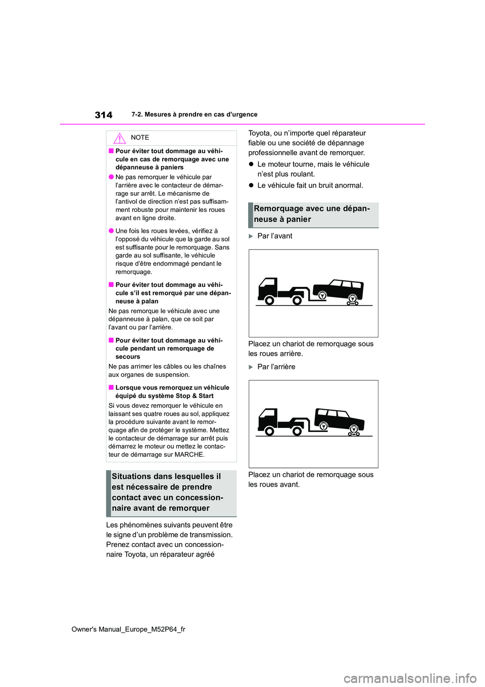 TOYOTA GR YARIS 2022  Manuel du propriétaire (in French) 314
Owner's Manual_Europe_M52P64_fr
7-2. Mesures à prendre en cas d’urgence
Les phénomènes suivants peuvent être  
le signe d’un problème de transmission. 
Prenez contact avec un concessi