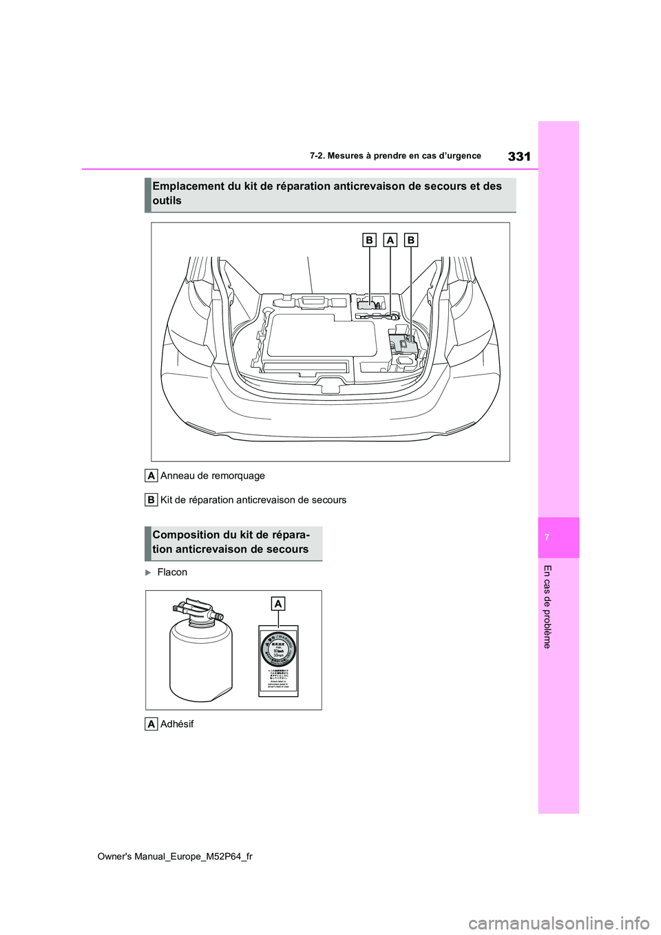 TOYOTA GR YARIS 2023 Manuel du propriétaire (in French) 331
7
Owner's Manual_Europe_M52P64_fr
7-2. Mesures à prendre en cas d’urgence
En cas de problème
Anneau de remorquage
Kit de réparation anticrevaison de secours
Flacon
Adhésif
Emplaceme TOYOTA GR YARIS 2023 Manuel du propriétaire (in French) 331
7
Owner's Manual_Europe_M52P64_fr
7-2. Mesures à prendre en cas d’urgence
En cas de problème
Anneau de remorquage
Kit de réparation anticrevaison de secours
Flacon
Adhésif
Emplaceme