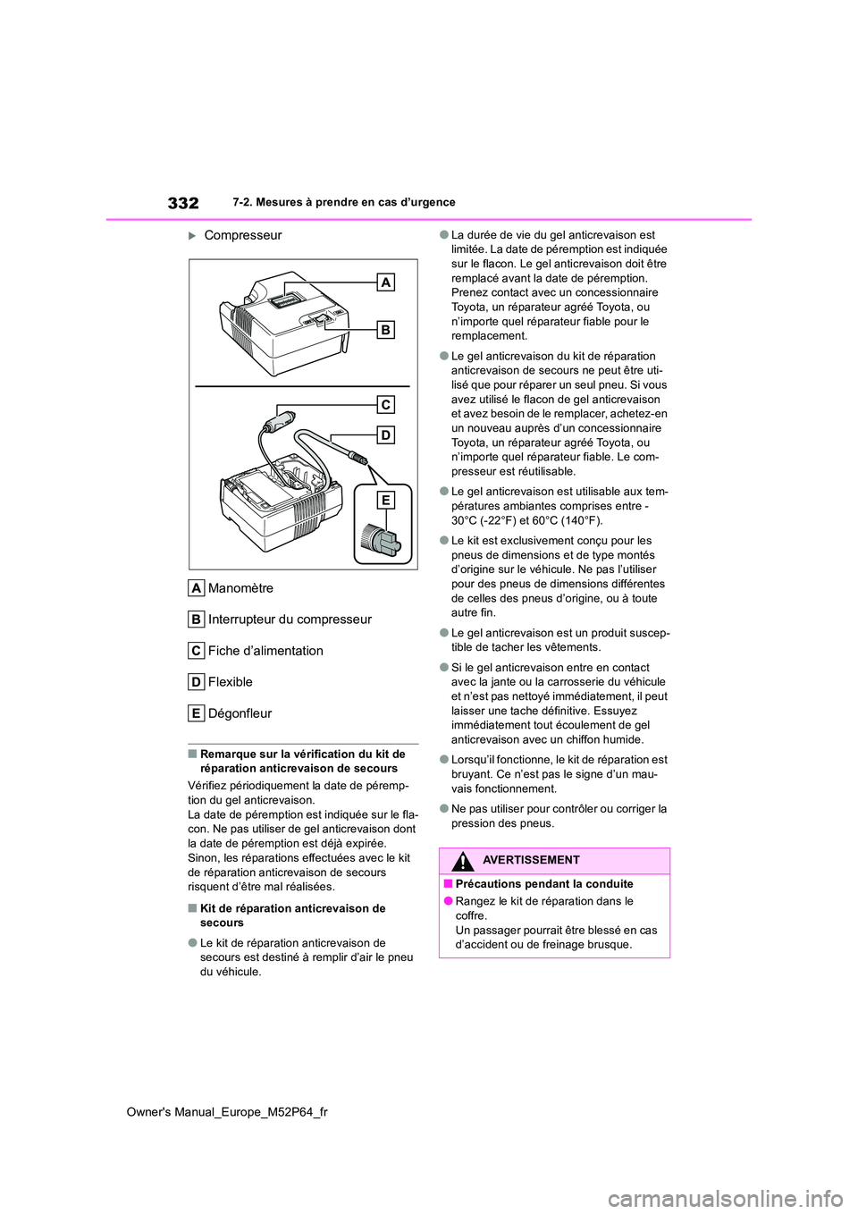 TOYOTA GR YARIS 2023 Manuel du propriétaire (in French) 332
Owner's Manual_Europe_M52P64_fr
7-2. Mesures à prendre en cas d’urgence
Compresseur
Manomètre
Interrupteur du compresseur
Fiche d’alimentation
Flexible
Dégonfleur
■Remarque sur l TOYOTA GR YARIS 2023 Manuel du propriétaire (in French) 332
Owner's Manual_Europe_M52P64_fr
7-2. Mesures à prendre en cas d’urgence
Compresseur
Manomètre
Interrupteur du compresseur
Fiche d’alimentation
Flexible
Dégonfleur
■Remarque sur l