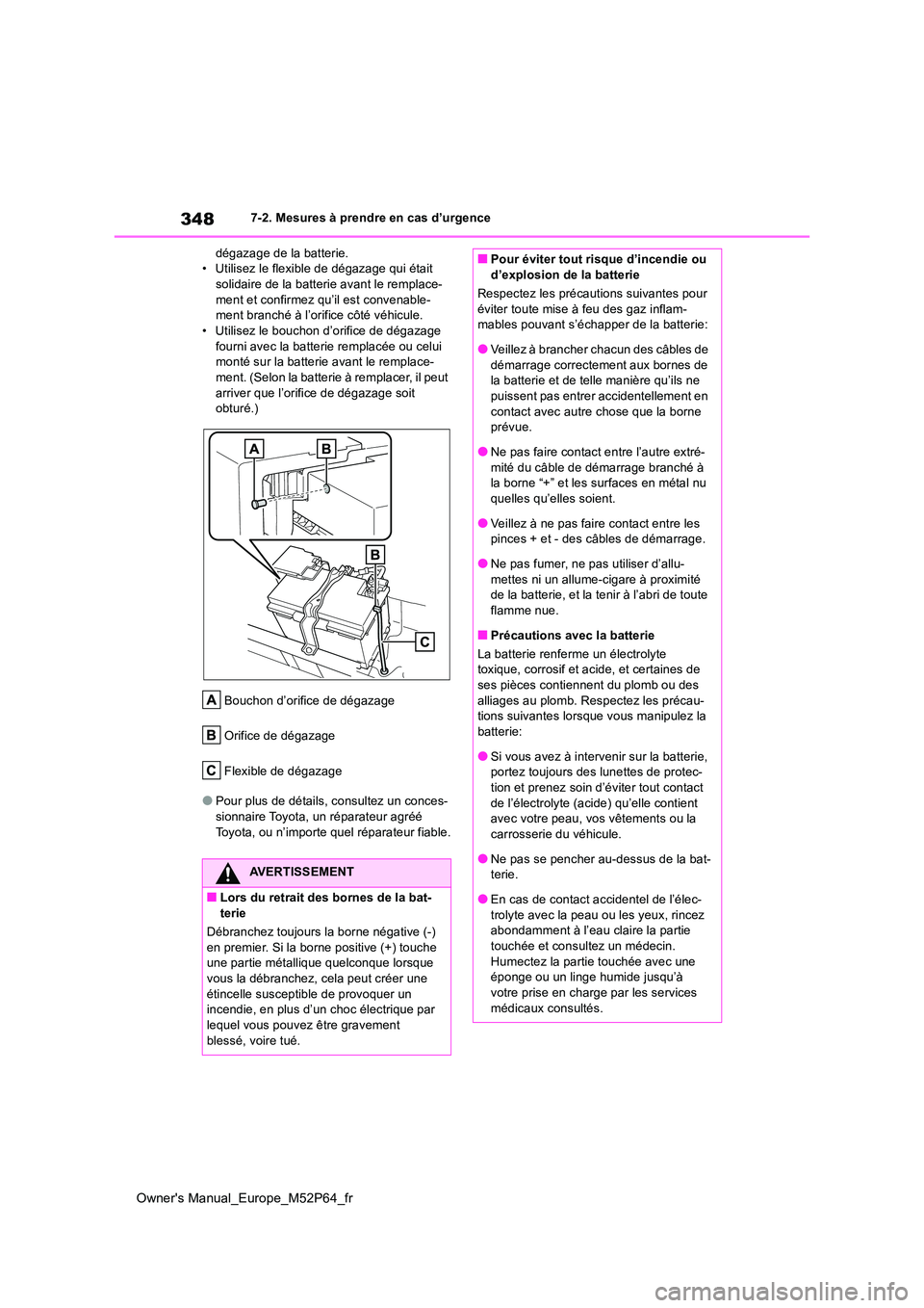 TOYOTA GR YARIS 2023 Manuel du propriétaire (in French) 348
Owner's Manual_Europe_M52P64_fr
7-2. Mesures à prendre en cas d’urgence
dégazage de la batterie. • Utilisez le flexible de dégazage qui était solidaire de la batterie avant le remplac TOYOTA GR YARIS 2023 Manuel du propriétaire (in French) 348
Owner's Manual_Europe_M52P64_fr
7-2. Mesures à prendre en cas d’urgence
dégazage de la batterie. • Utilisez le flexible de dégazage qui était solidaire de la batterie avant le remplac